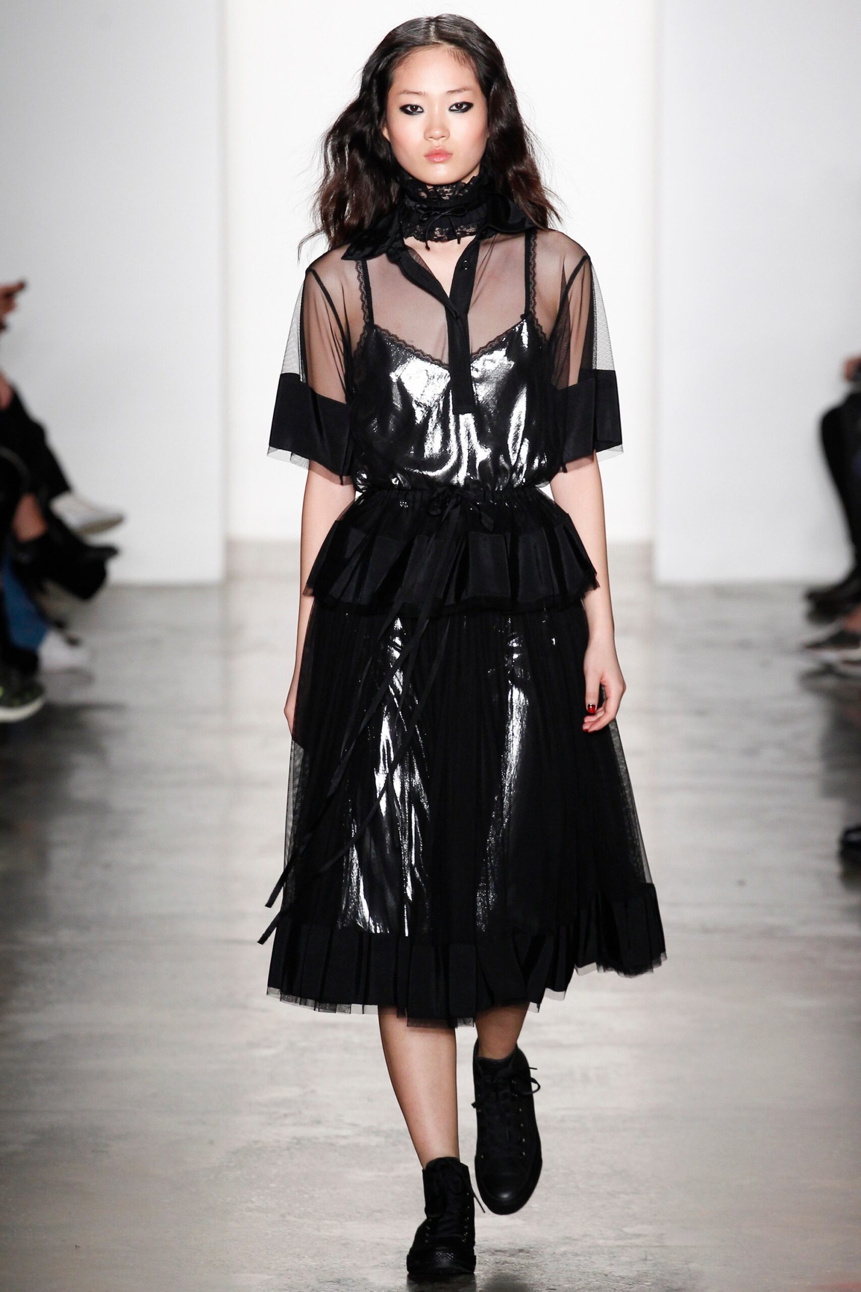 black vinyl midi dress and mesh top