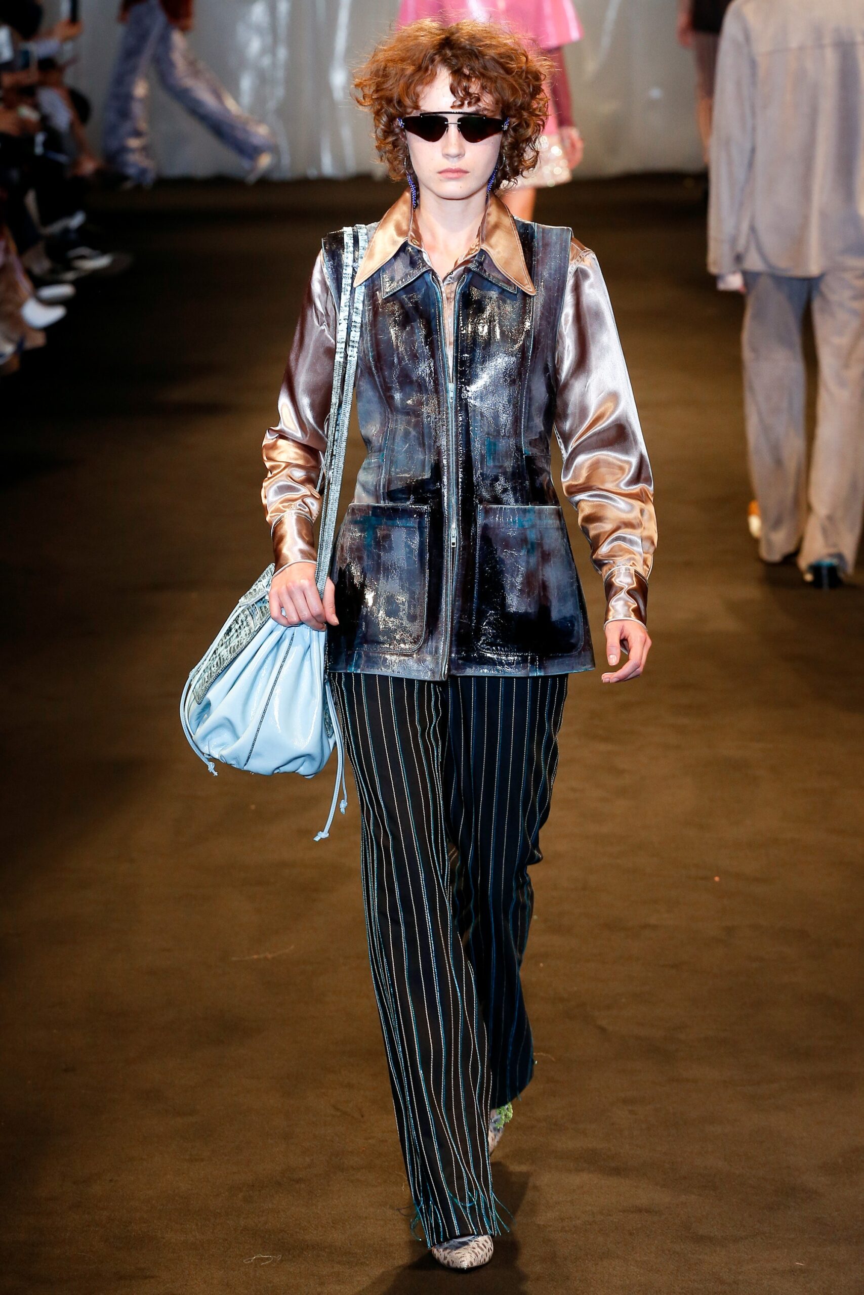 blue denim long-sleeve collared fitted zippered shiny jacket