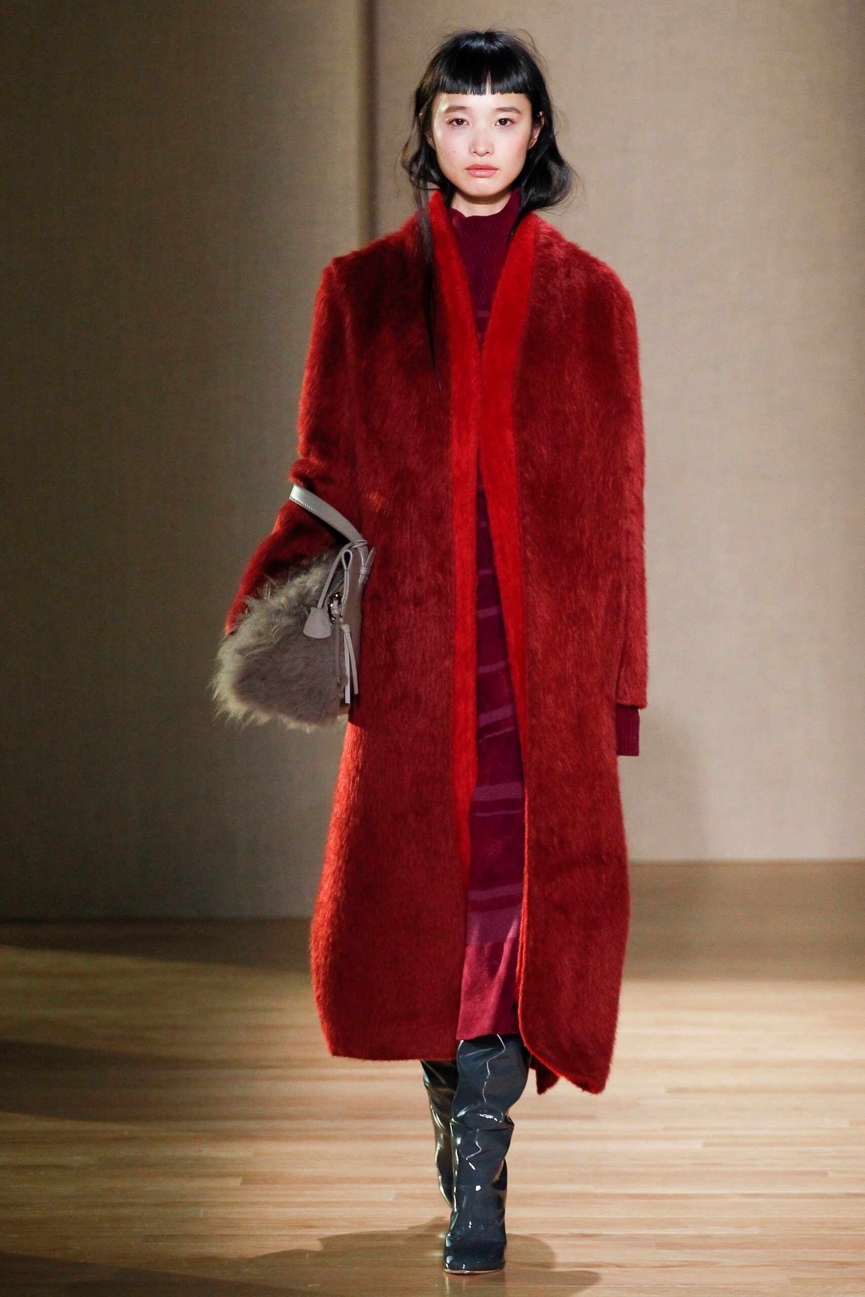 red velvet long-sleeve high-neck fitted straight-leg dress