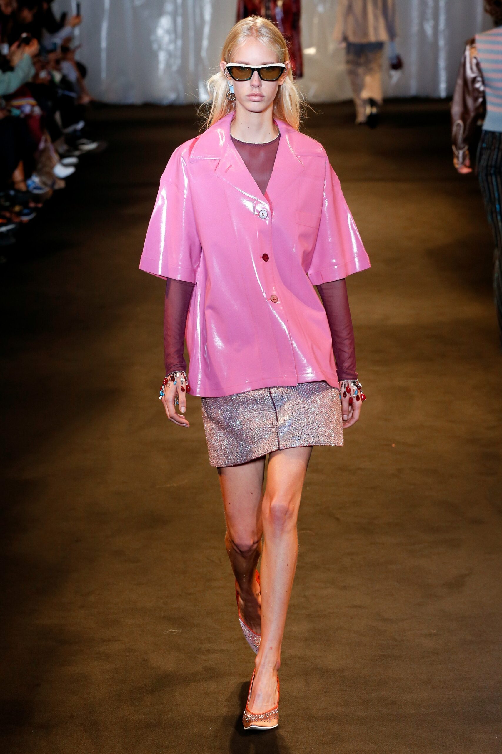 pink vinyl jacket with sequined skirt