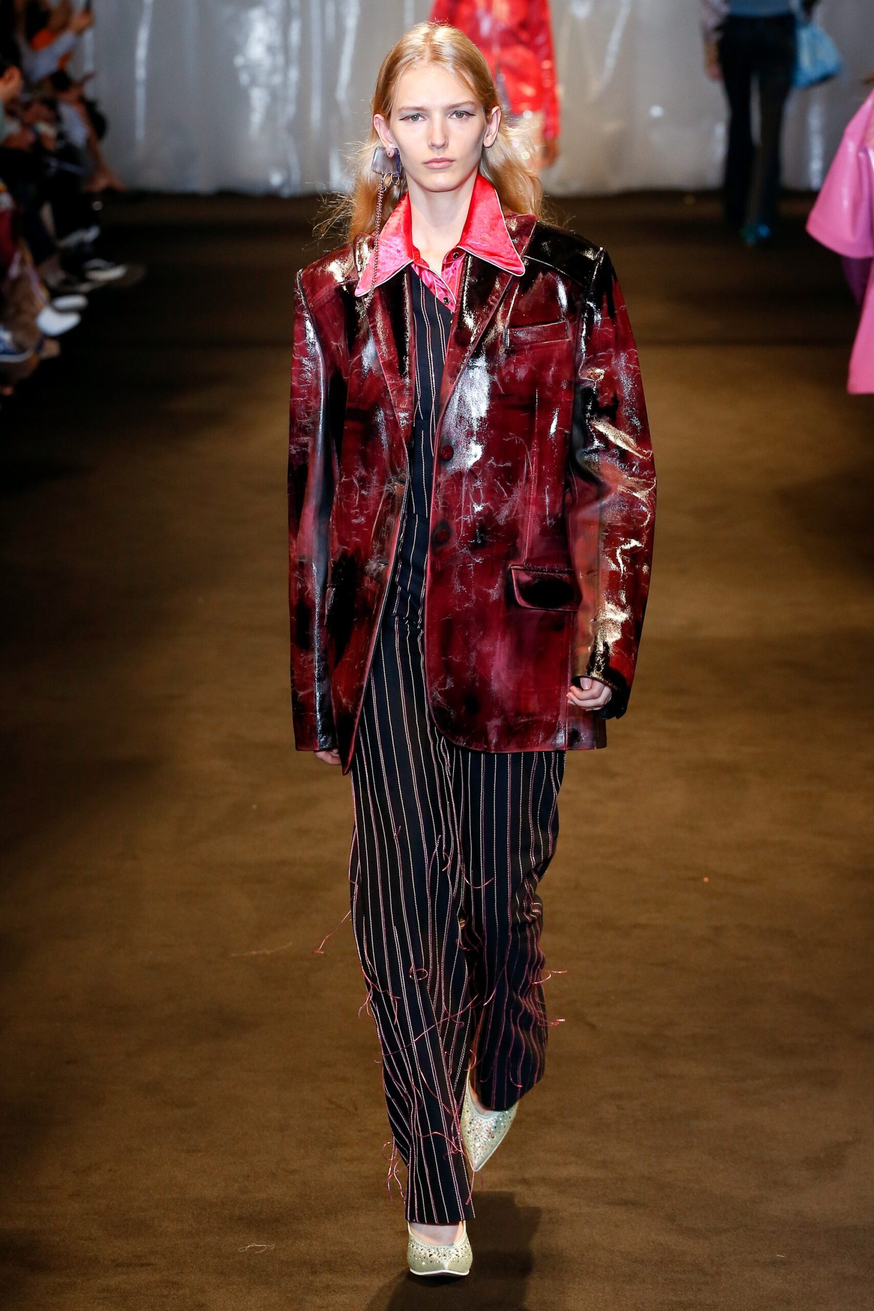 red vinyl long-sleeve collared structured buttoned zippered blazer