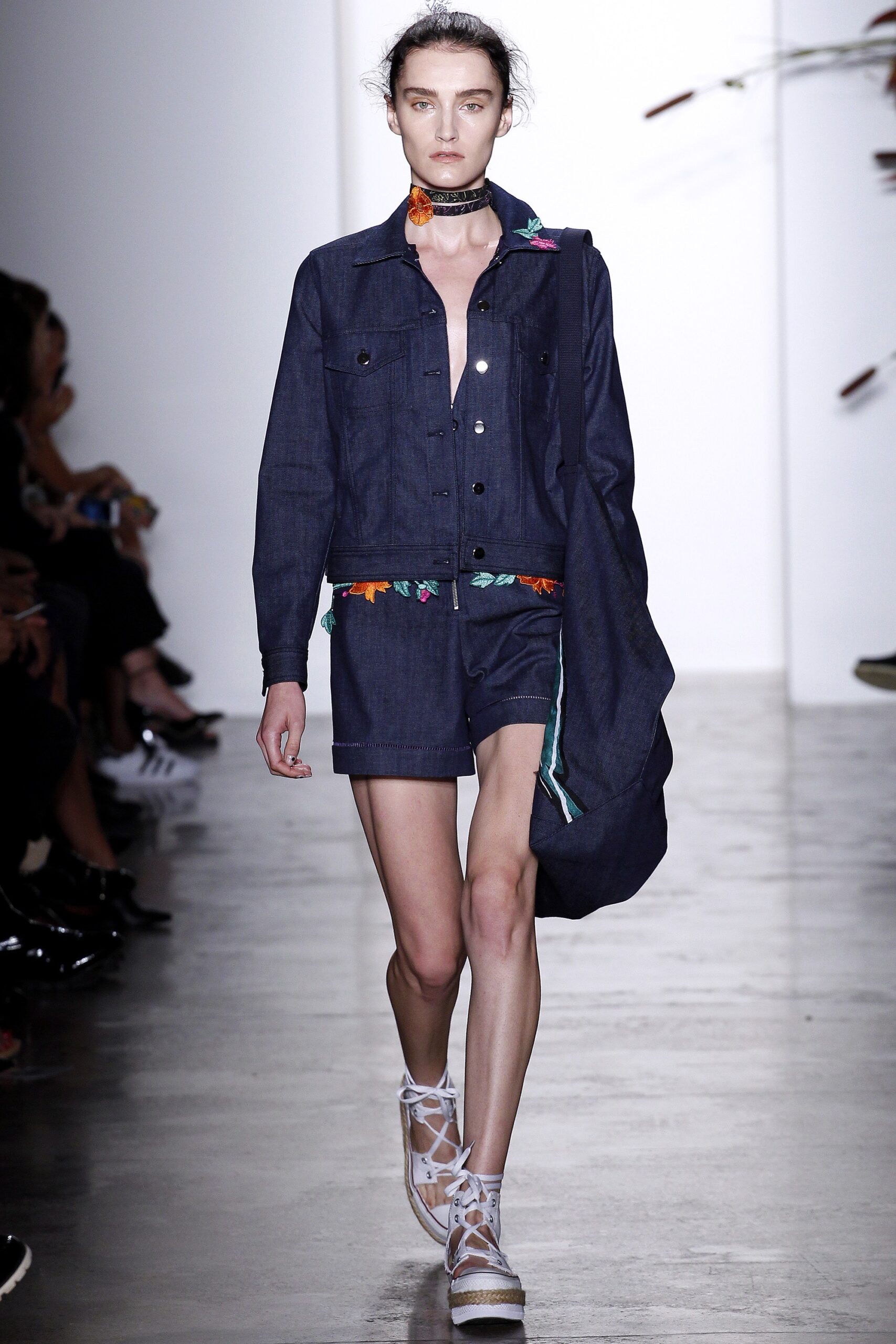 blue denim long-sleeve collared fitted buttoned embroidered jacket