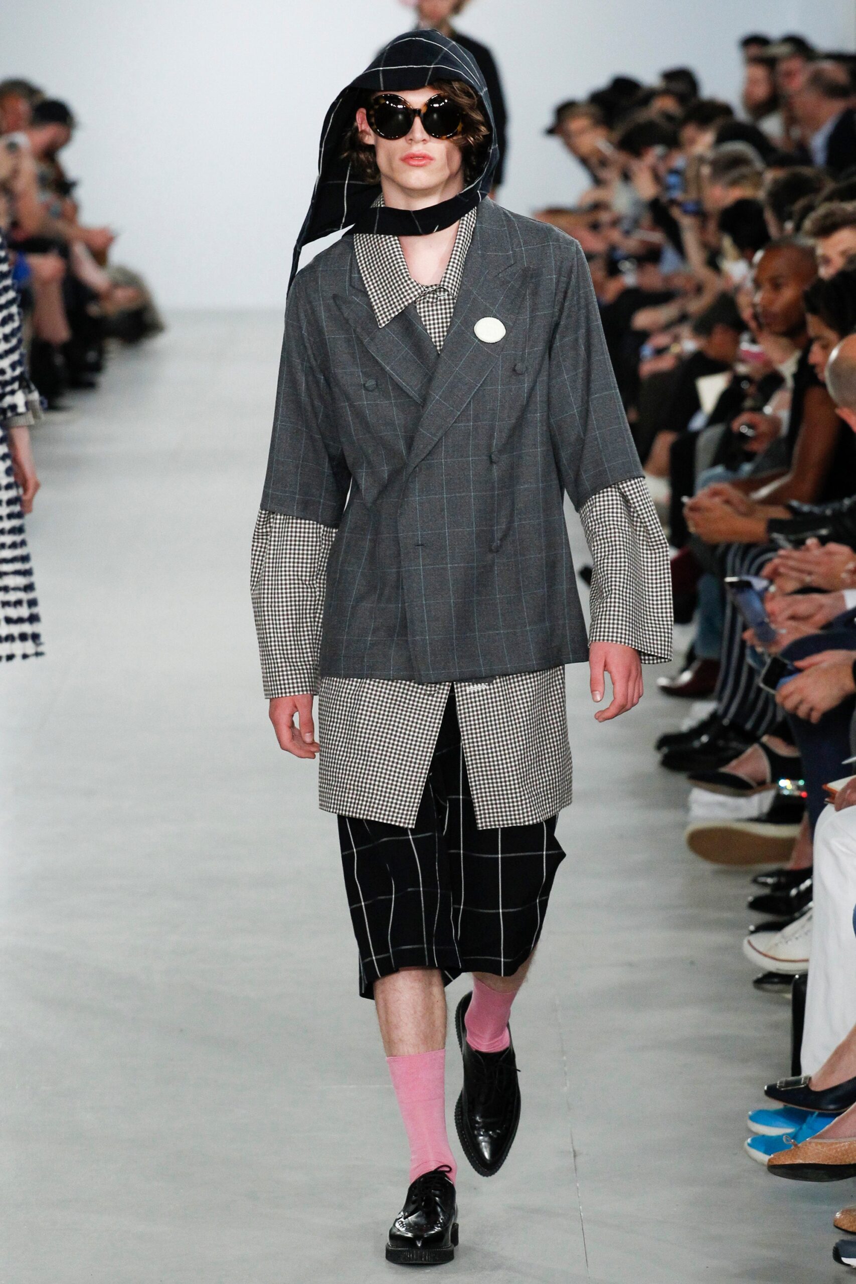 gray checked jacket with relaxed pants