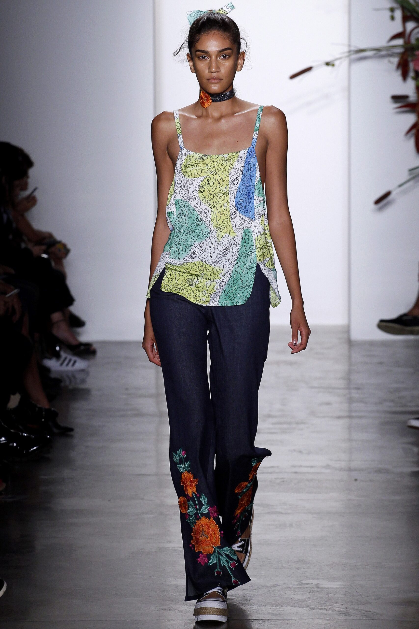 green silk sleeveless v-neck relaxed printed top