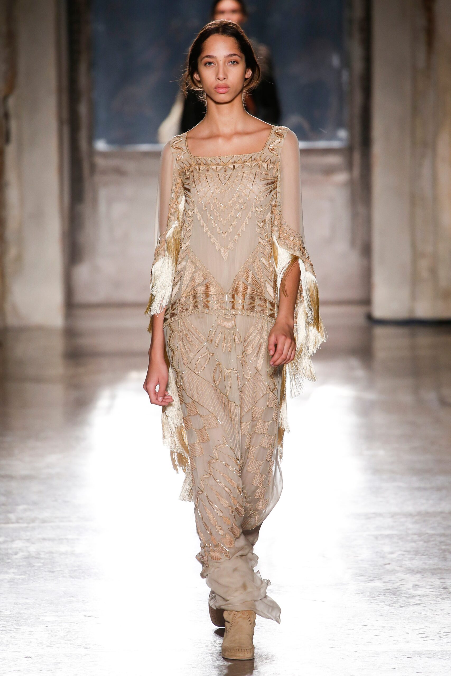 beige silk embroidered dress