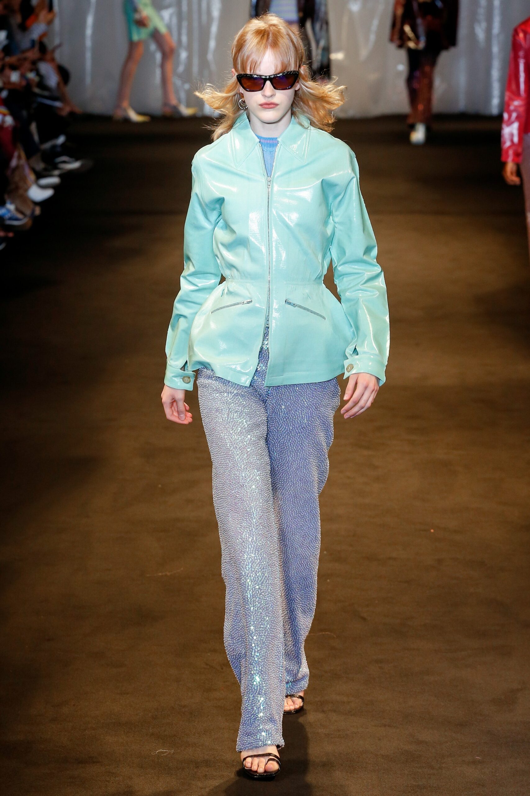 blue vinyl long-sleeve collared fitted zippered shiny jacket