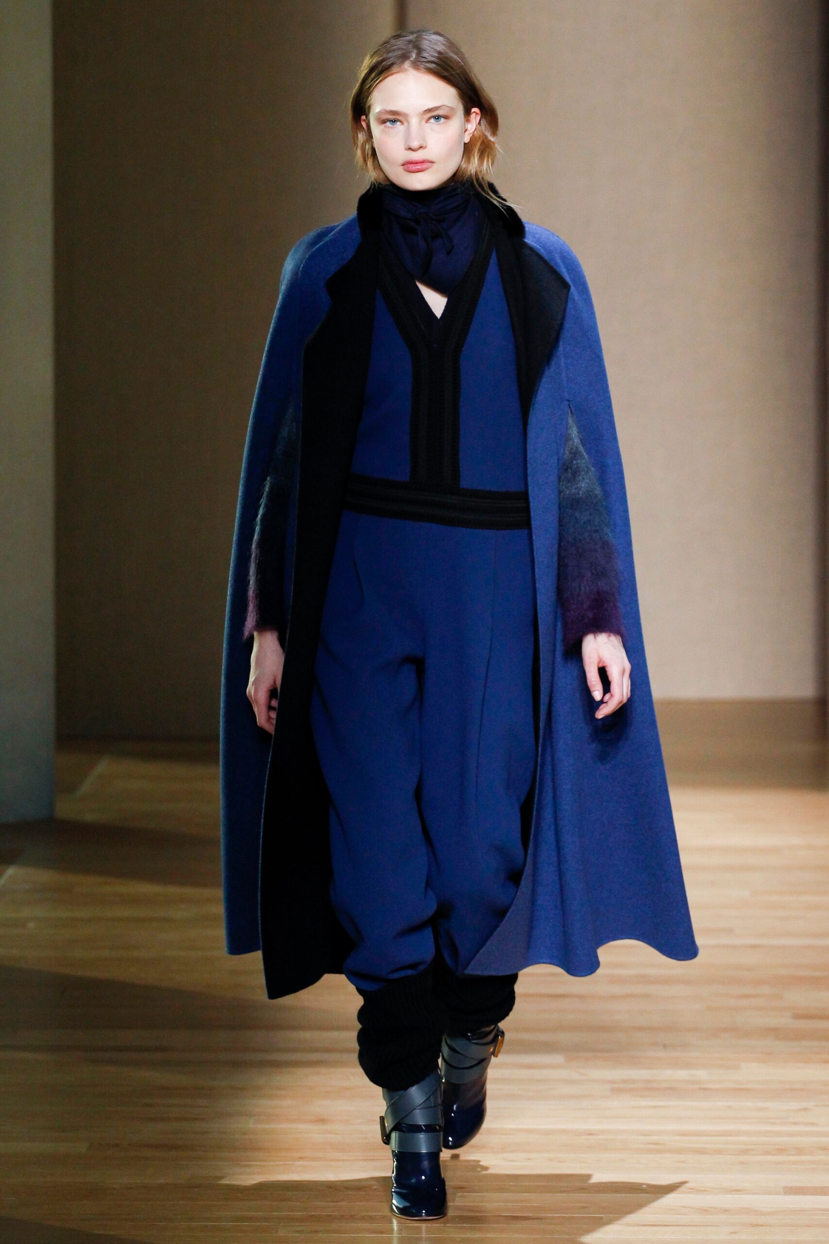 blue wool long-sleeve relaxed layered cape