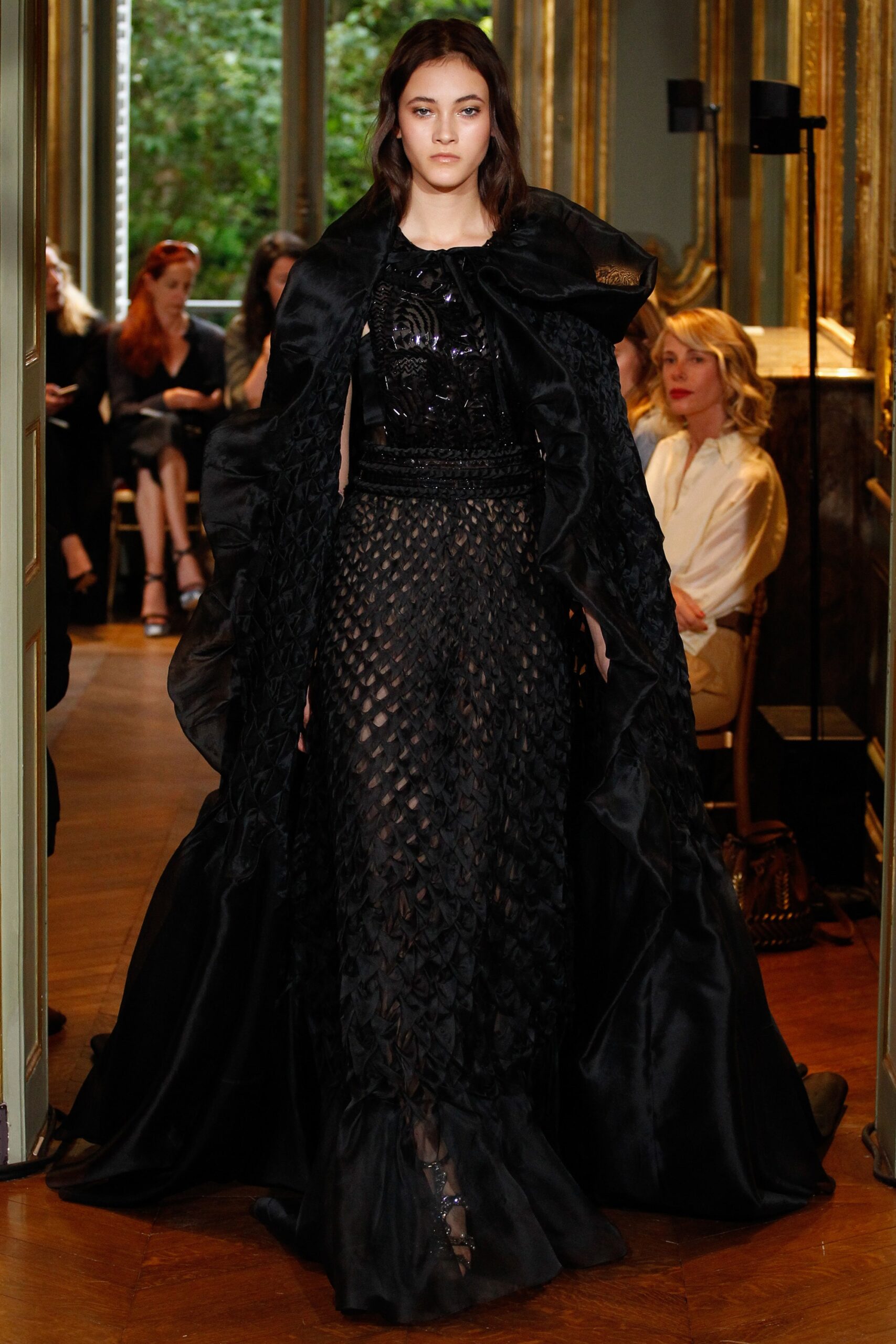 black silk long-sleeve high-neck fitted layered pleated gown