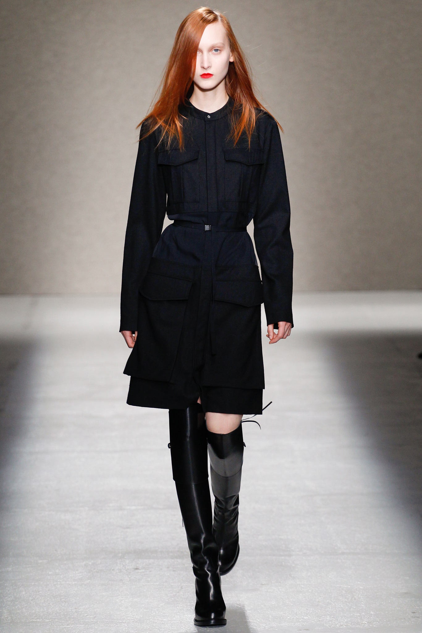 black cotton long-sleeve collared fitted zippered pockets dress