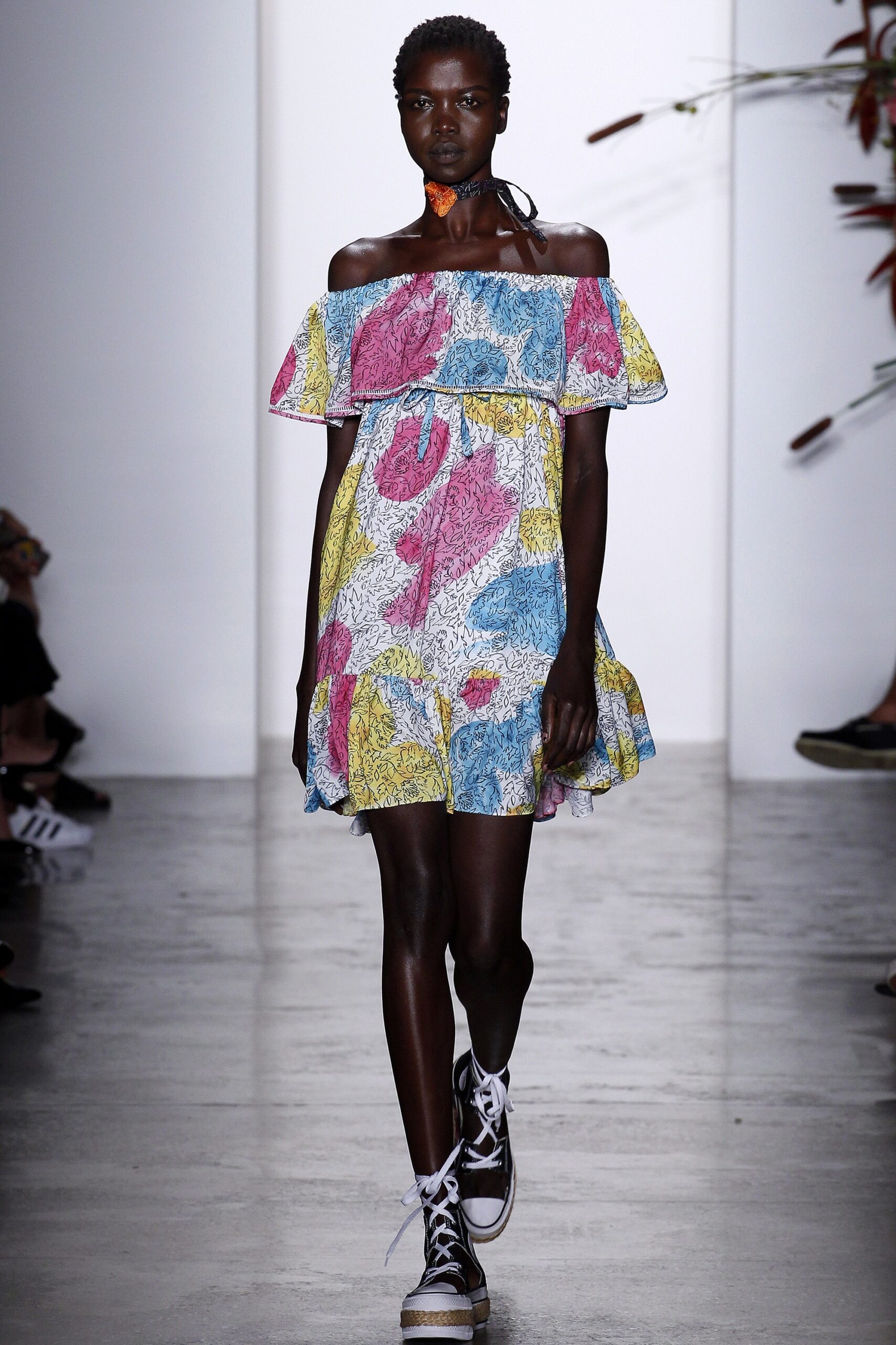 multi-colored off-shoulder mini dress