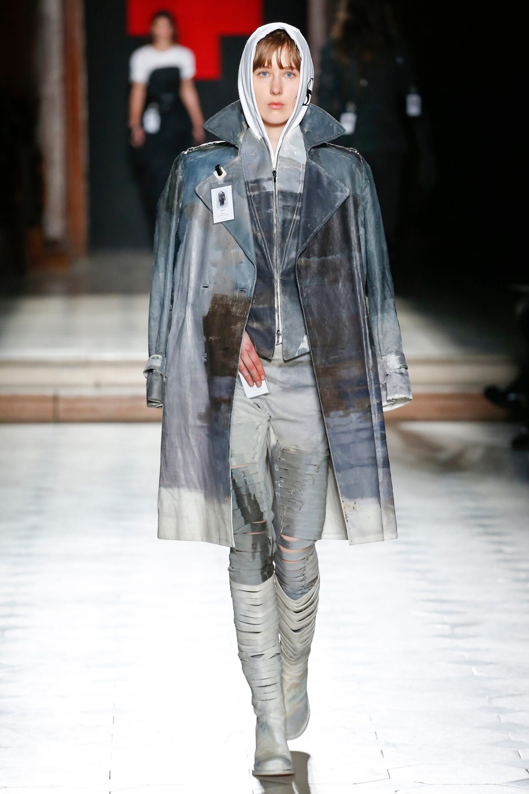 gray vinyl long-sleeve collared relaxed layered shiny coat