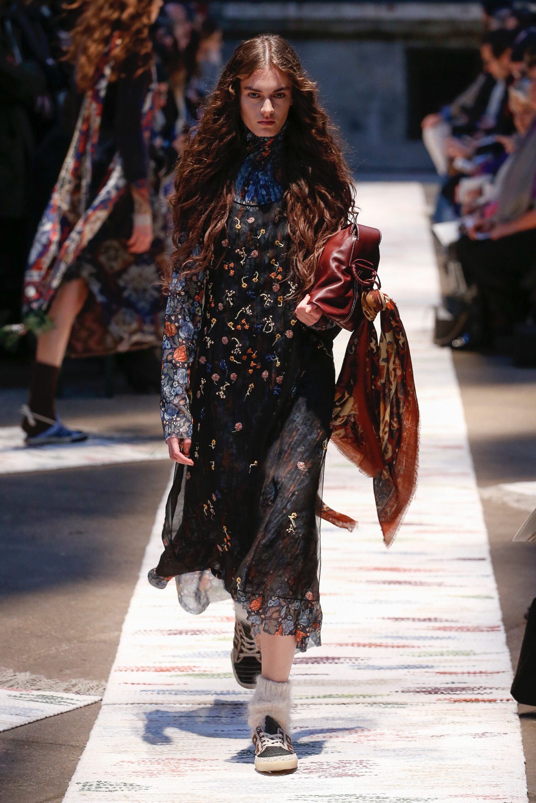 black silk embroidered midi dress