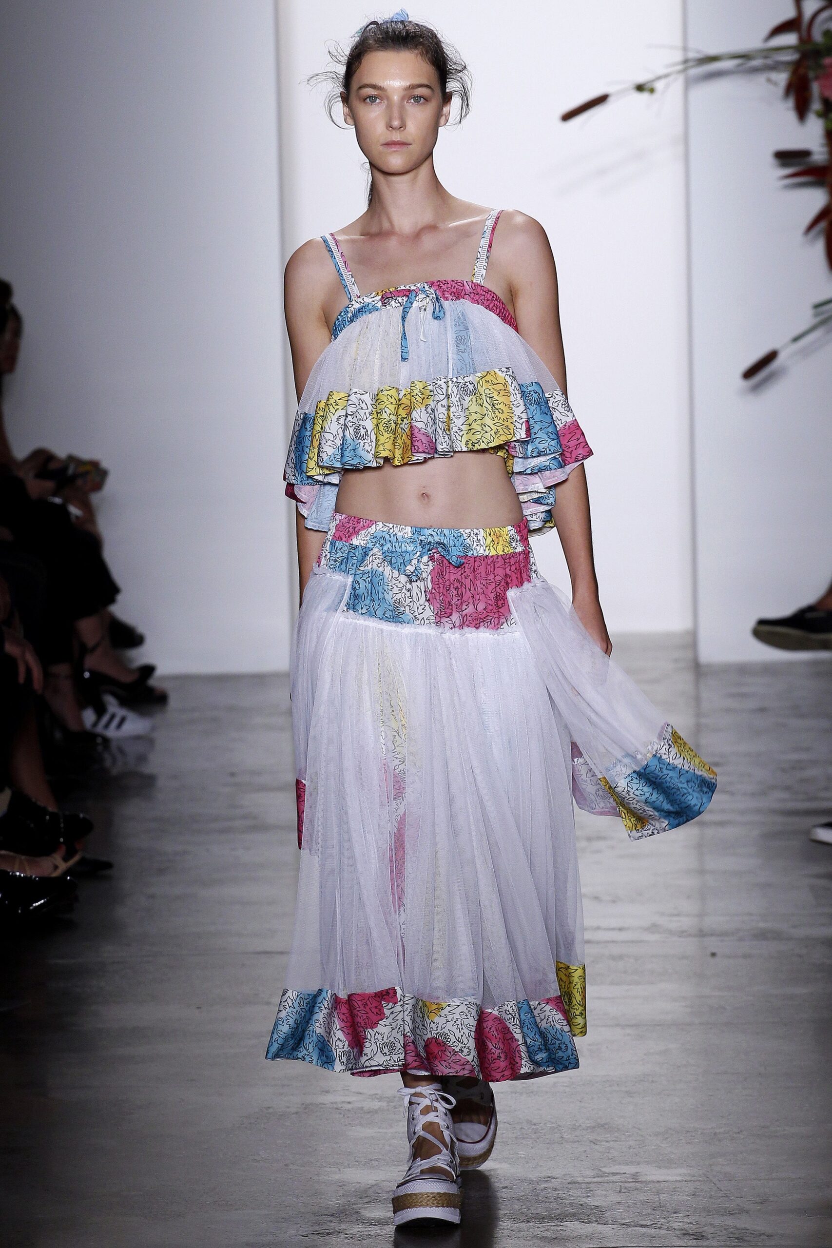 colorful ruffled crop-top and midi skirt