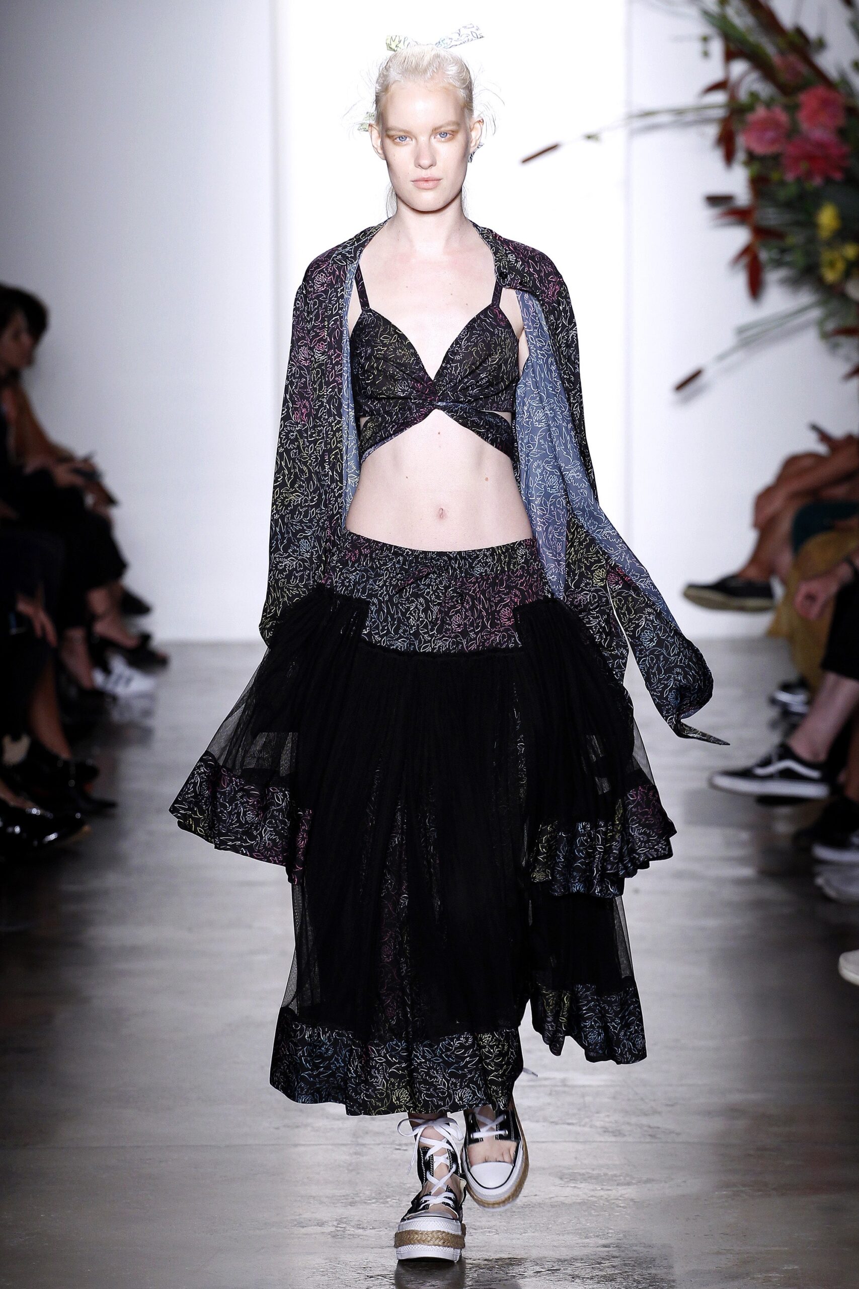black lace bra and tiered skirt
