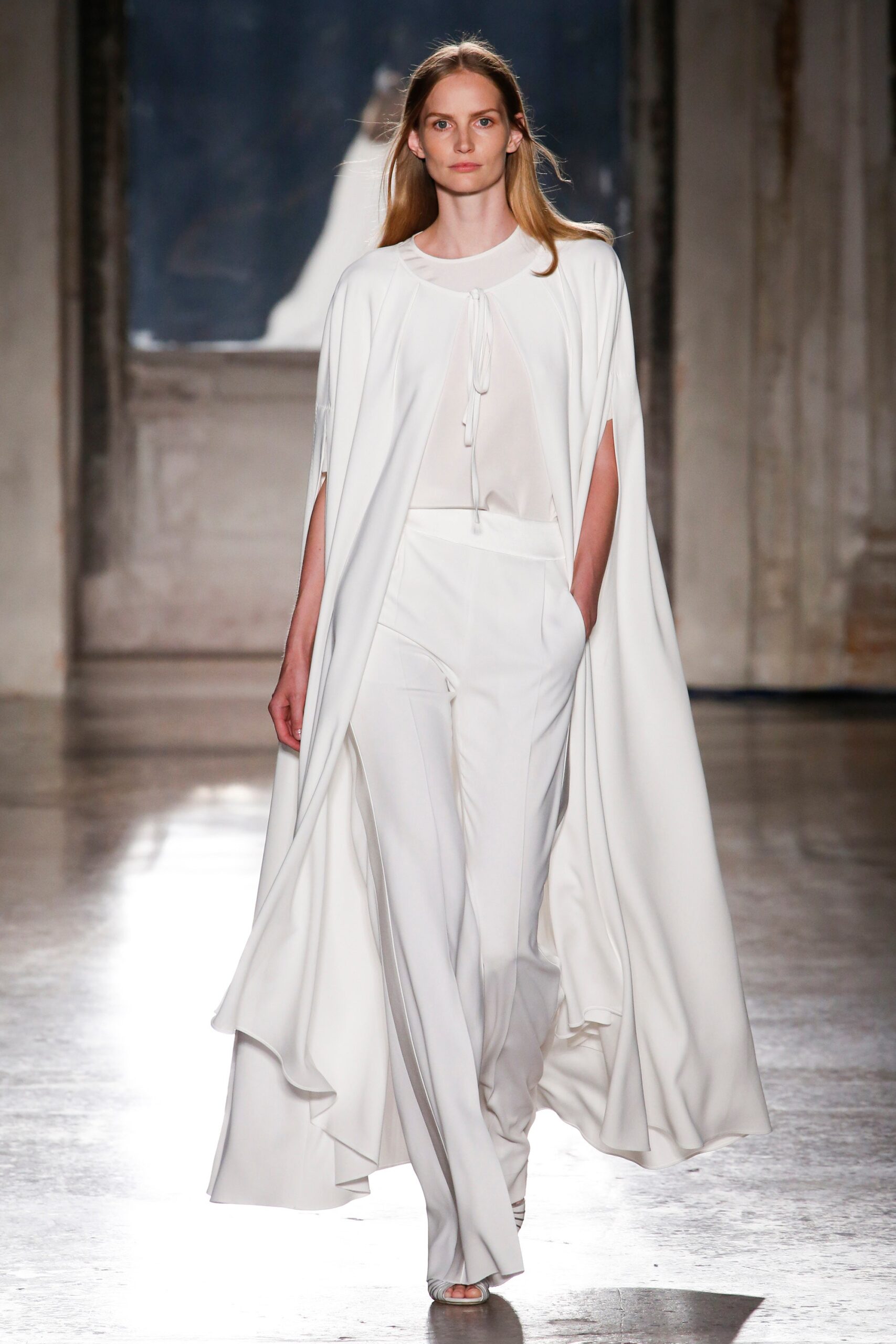 white silk sleeveless relaxed draped flowing cape