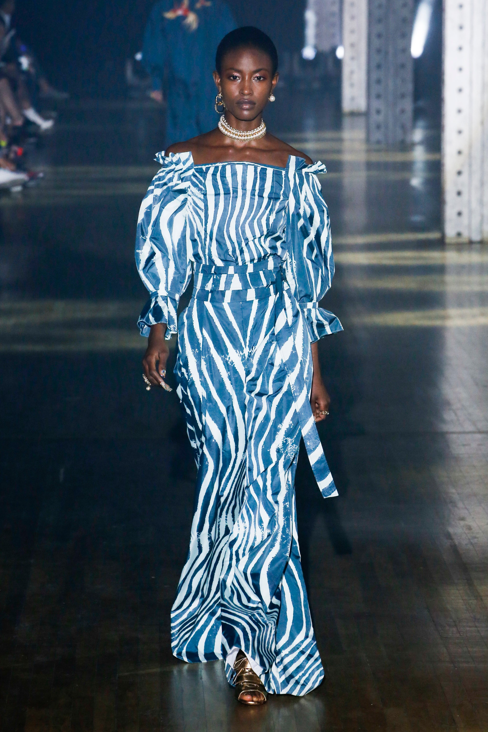 blue and white printed maxi dress