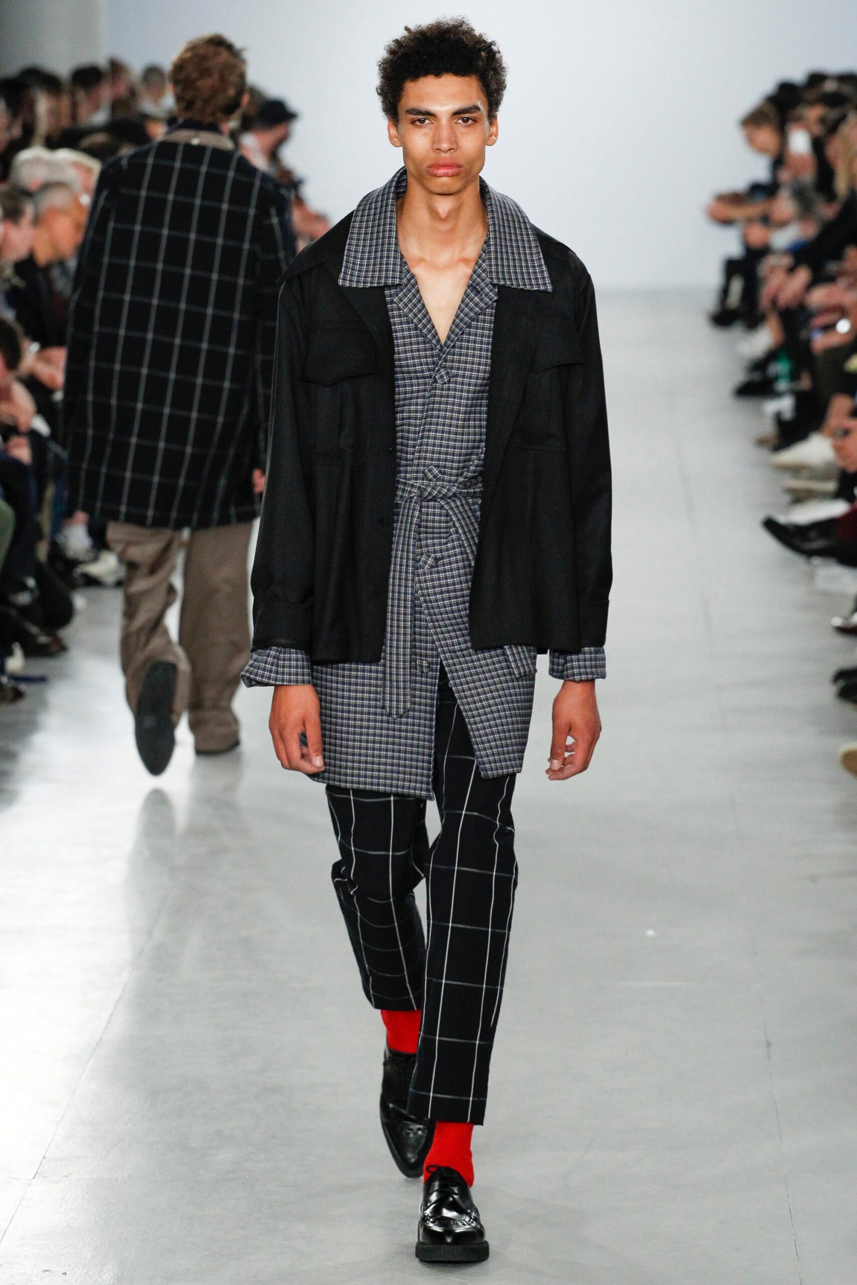 black jacket gray shirt slim pants