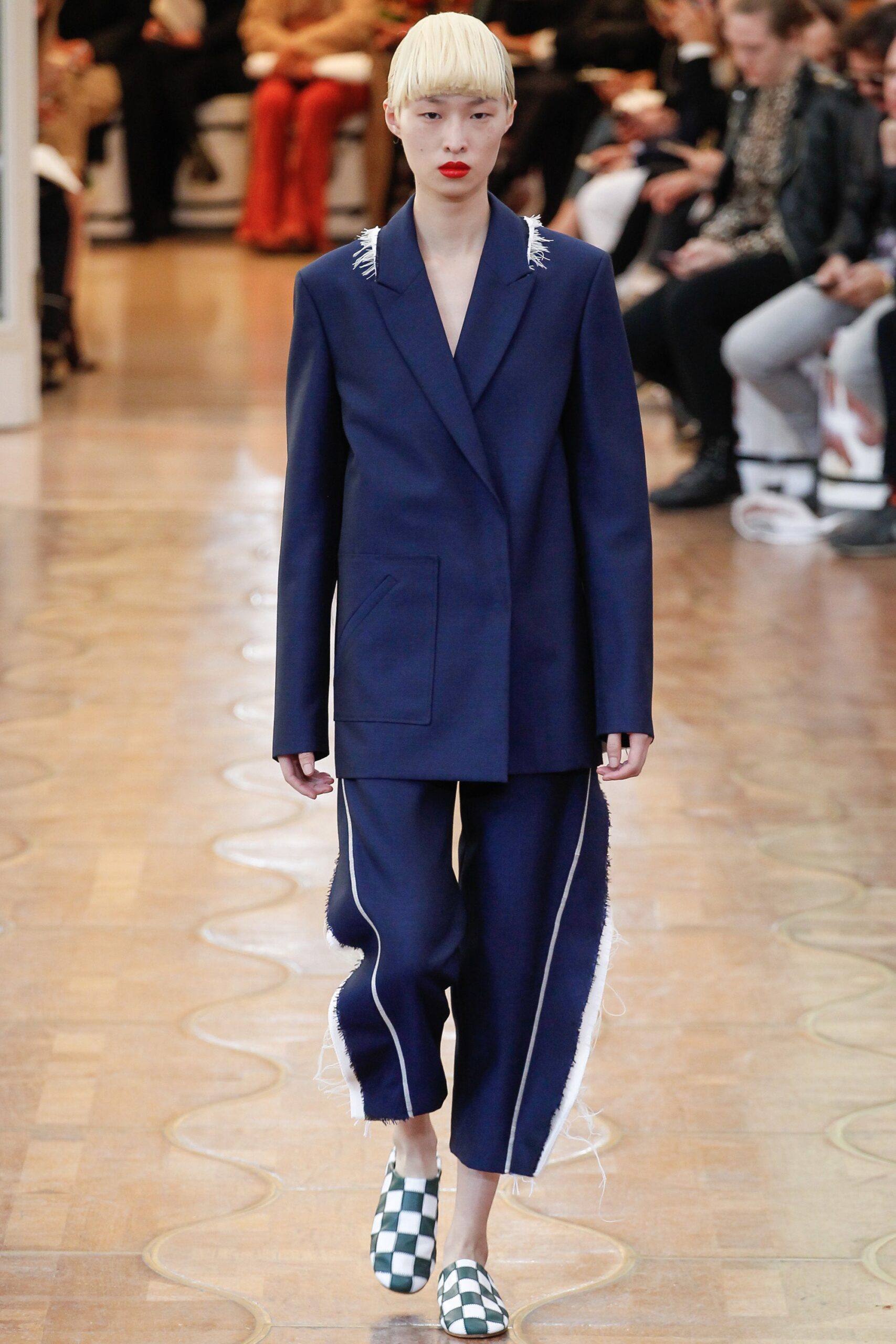 blue cotton long-sleeve collared tailored buttoned fringed blazer