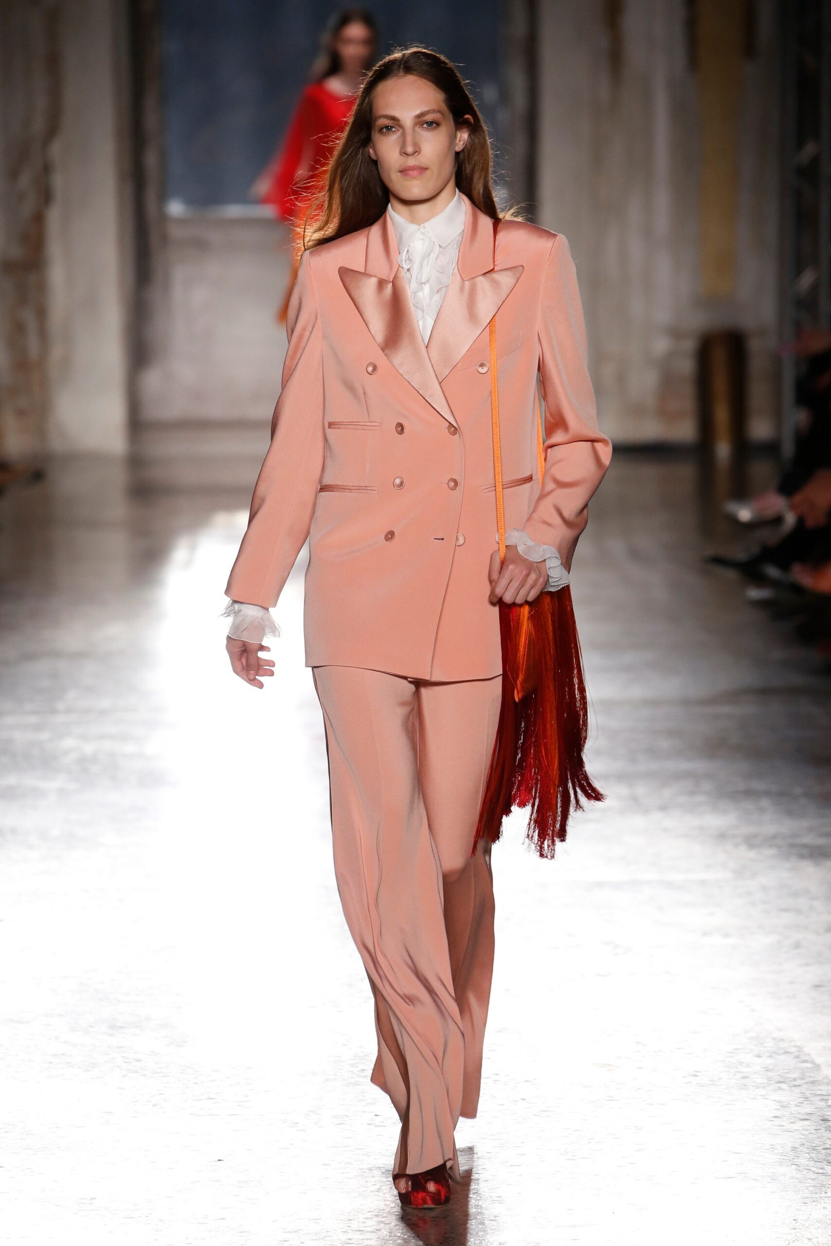 pink silk long-sleeve collared tailored straight-leg suit
