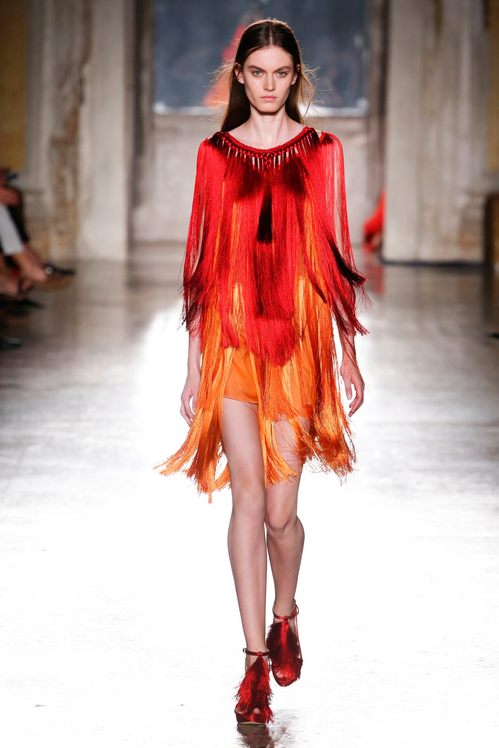 red silk sleeveless fitted fringed layered flowing dress