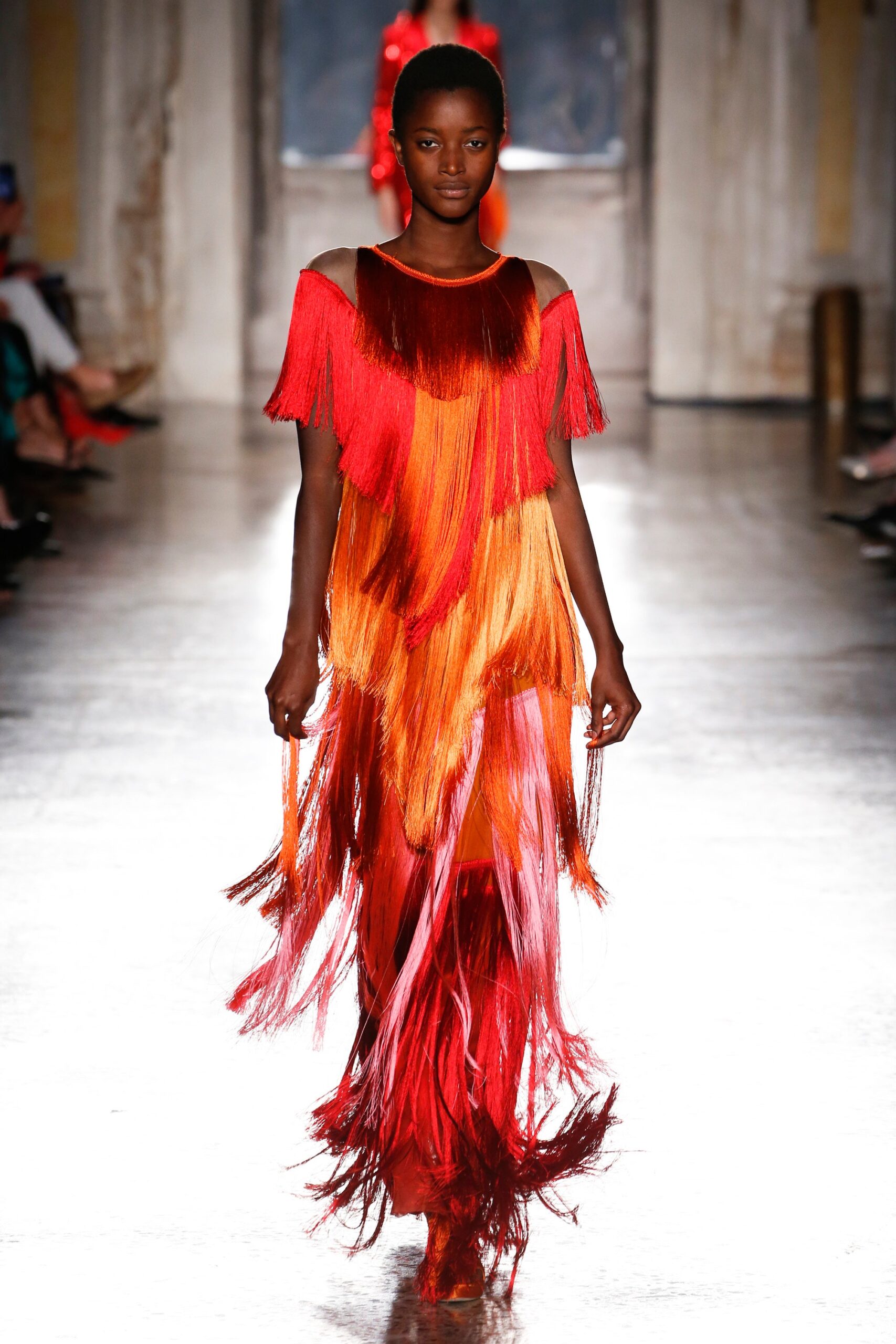 fringed red and orange maxi dress