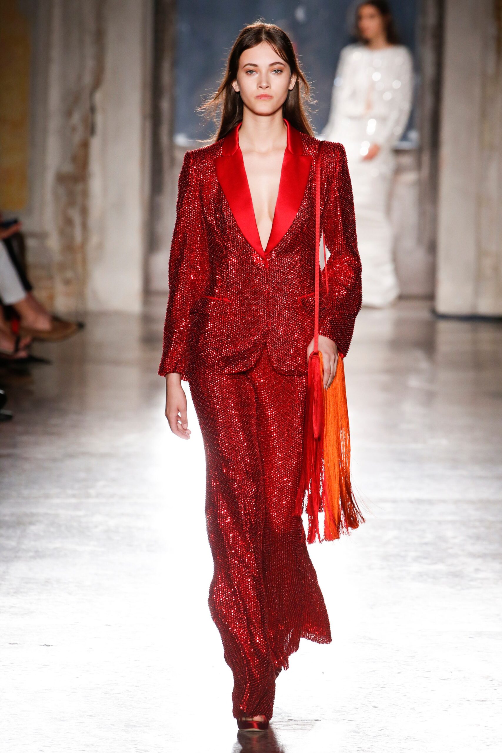 fitted red sequin suit