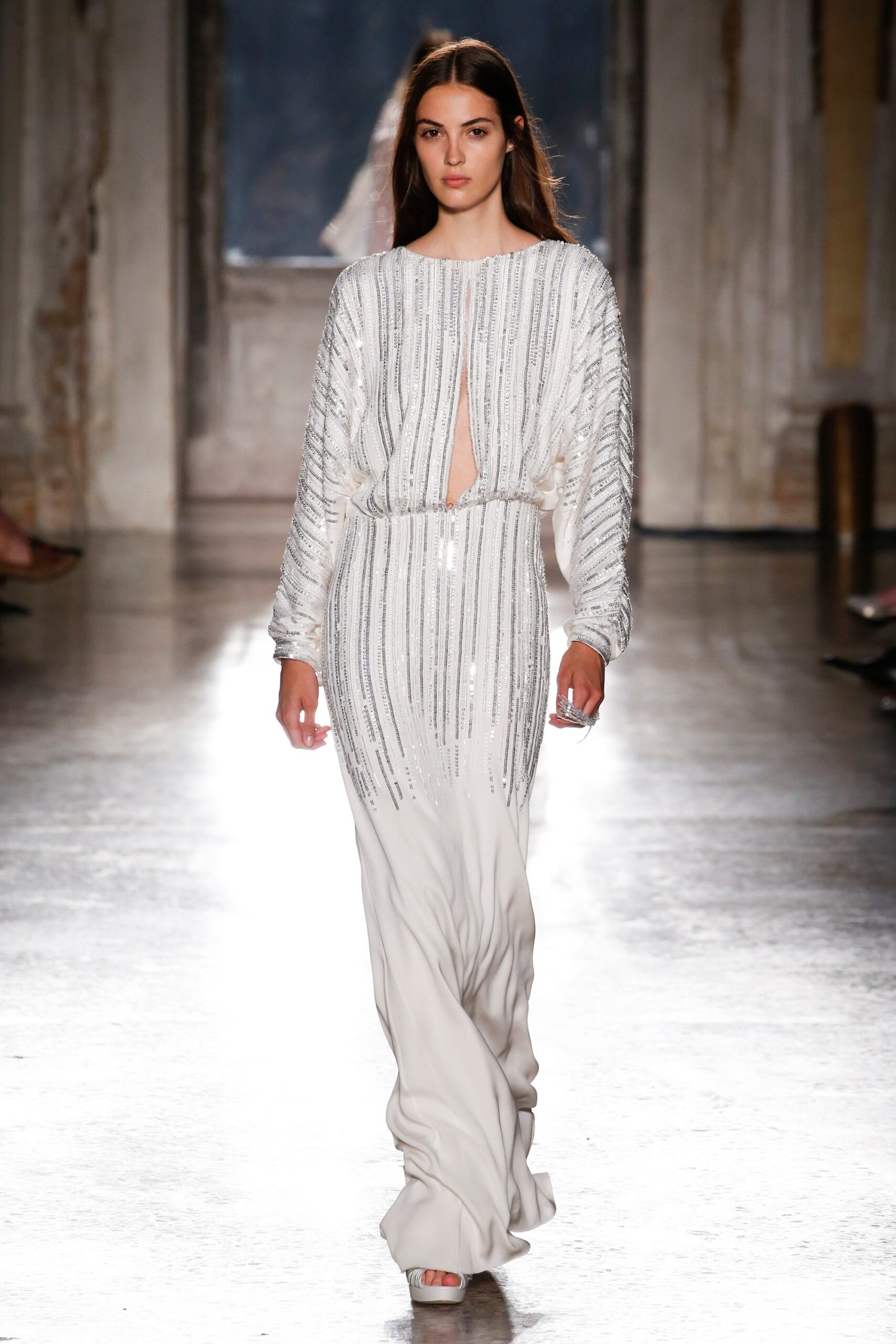 white sequined fitted gown