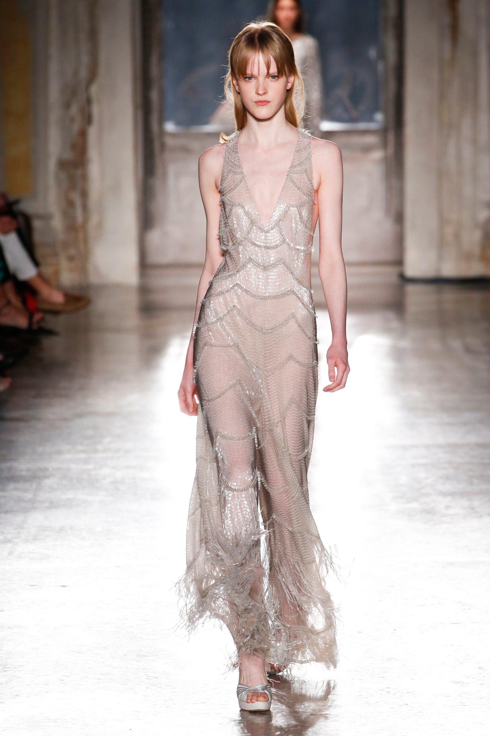 silver metallic sleeveless gown