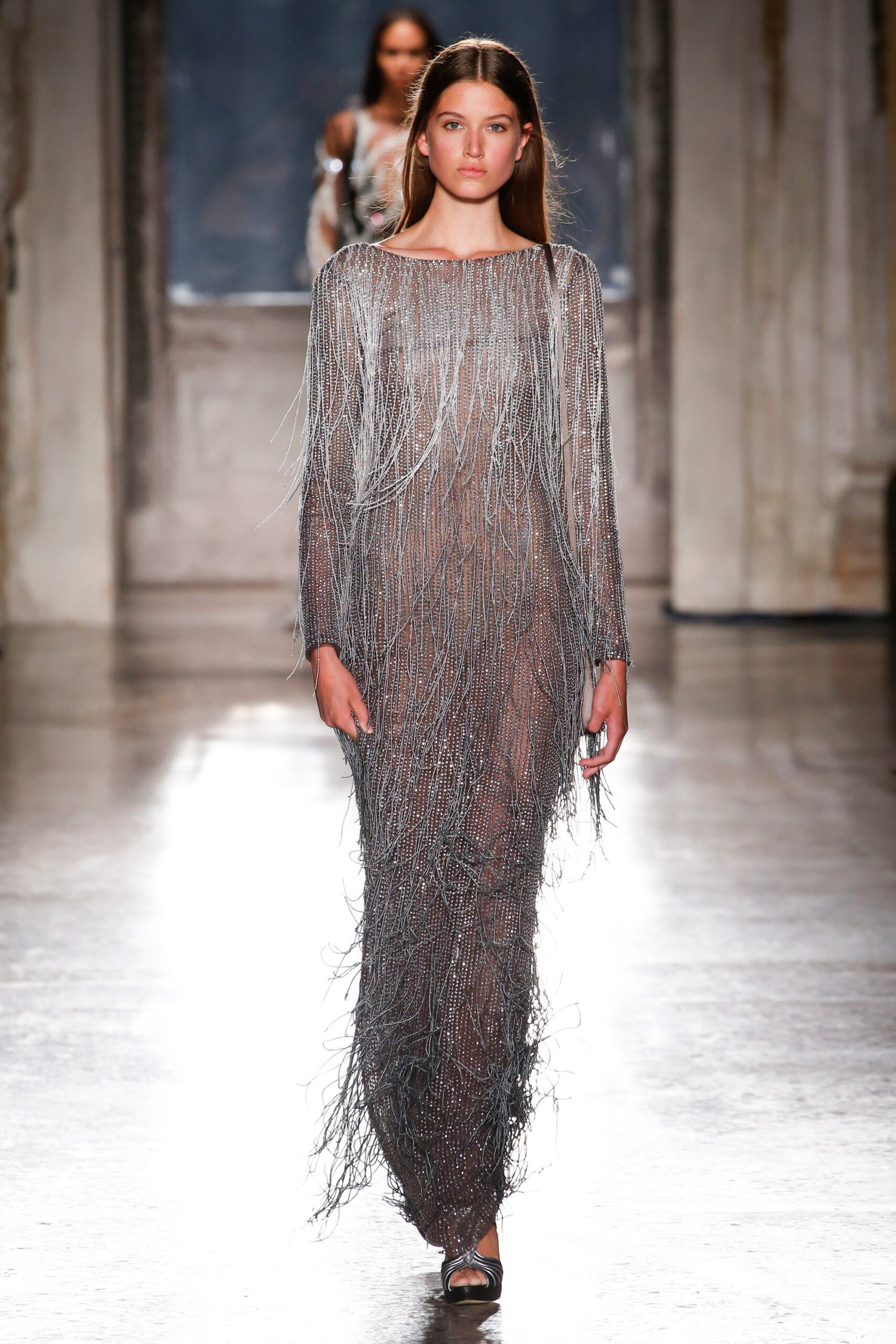 silver metallic fringed gown