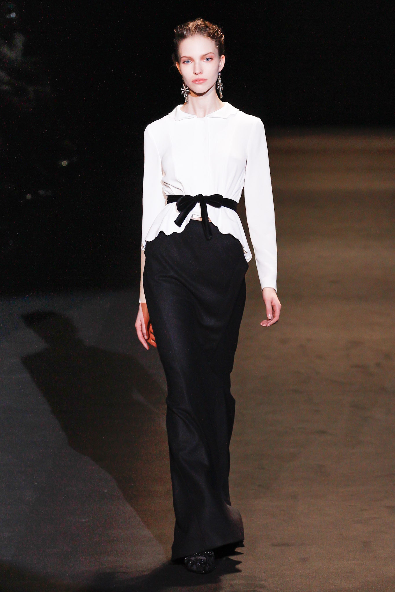 white silk long-sleeve collared fitted flared blouse