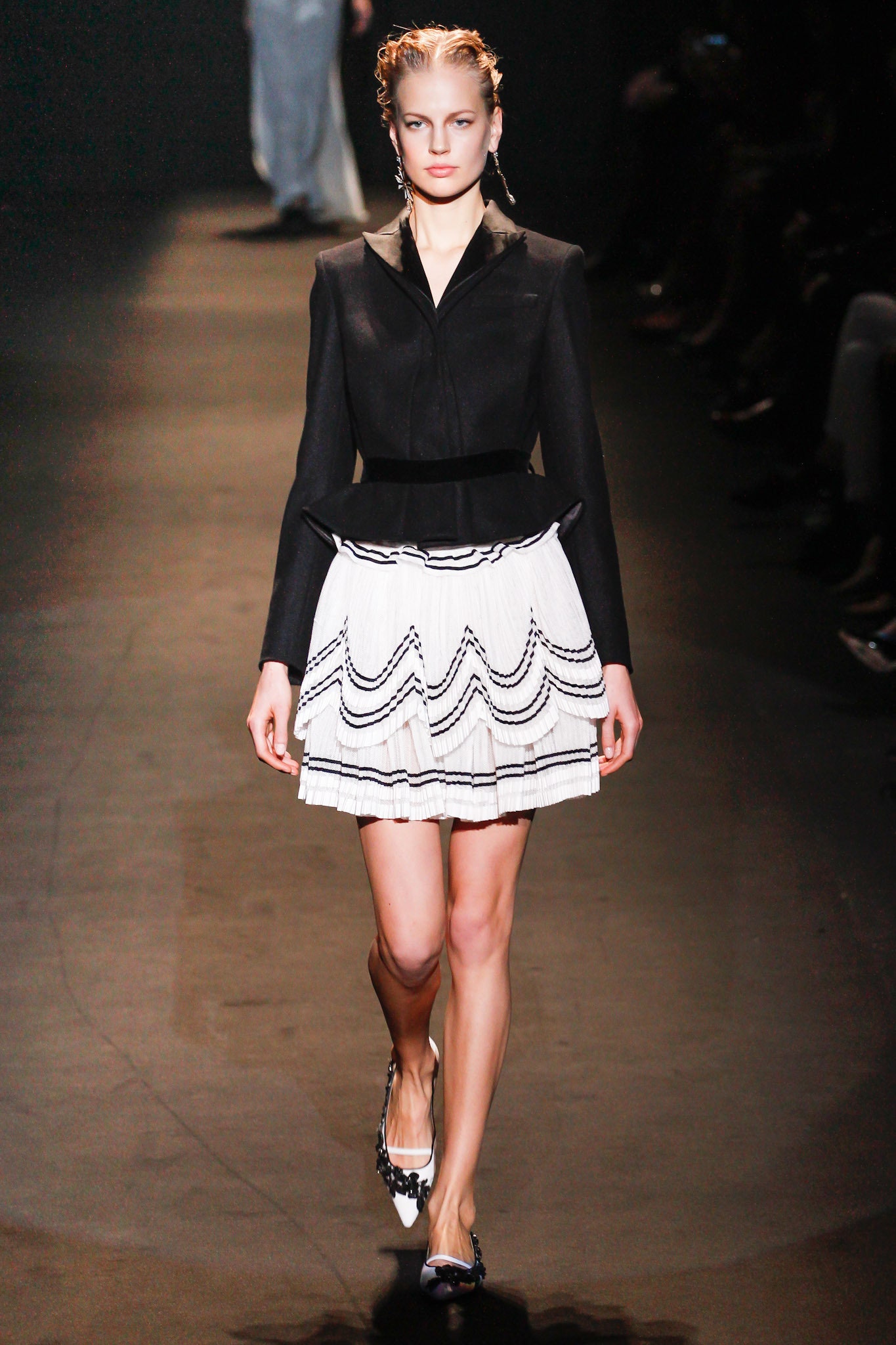 black blazer white pleated skirt