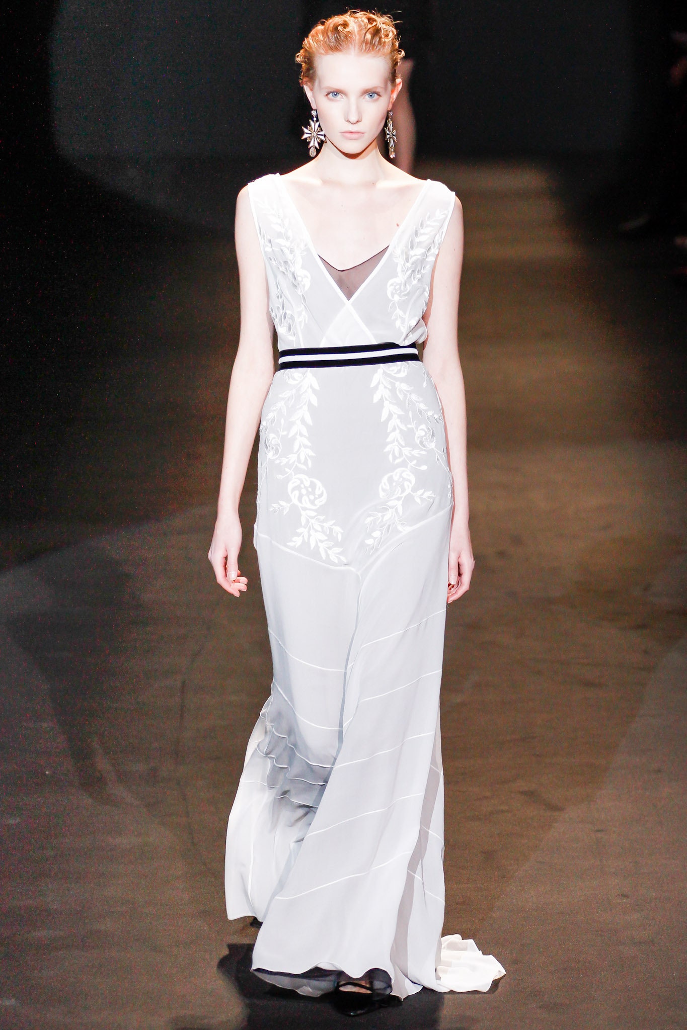 white silk embroidered gown