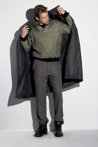 black wool coat with gray sweater