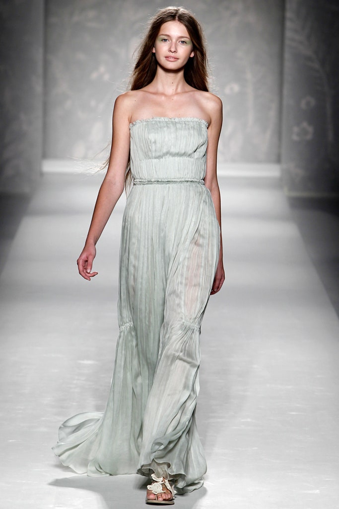 green silk strapless gown