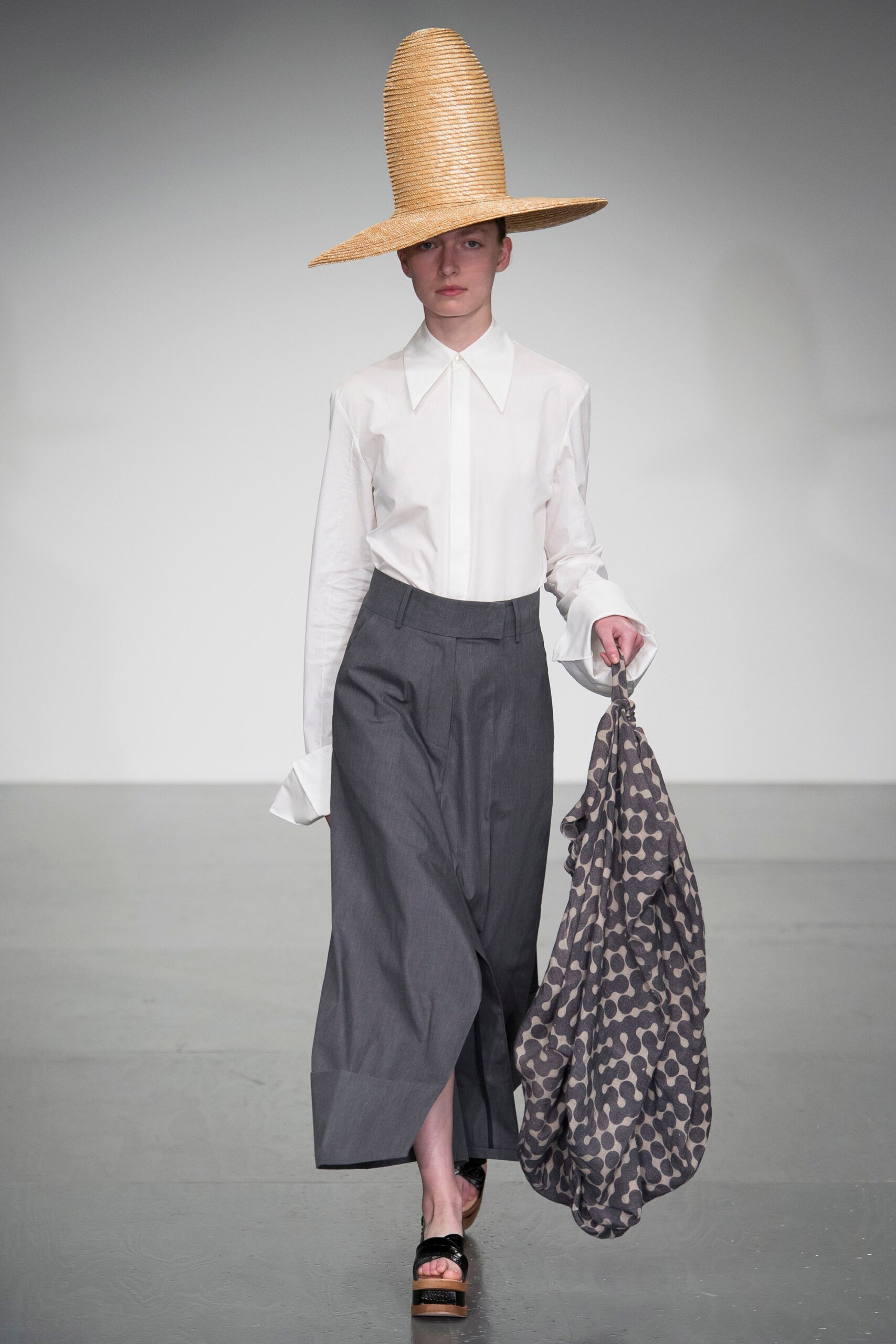 white shirt gray wide-leg pants