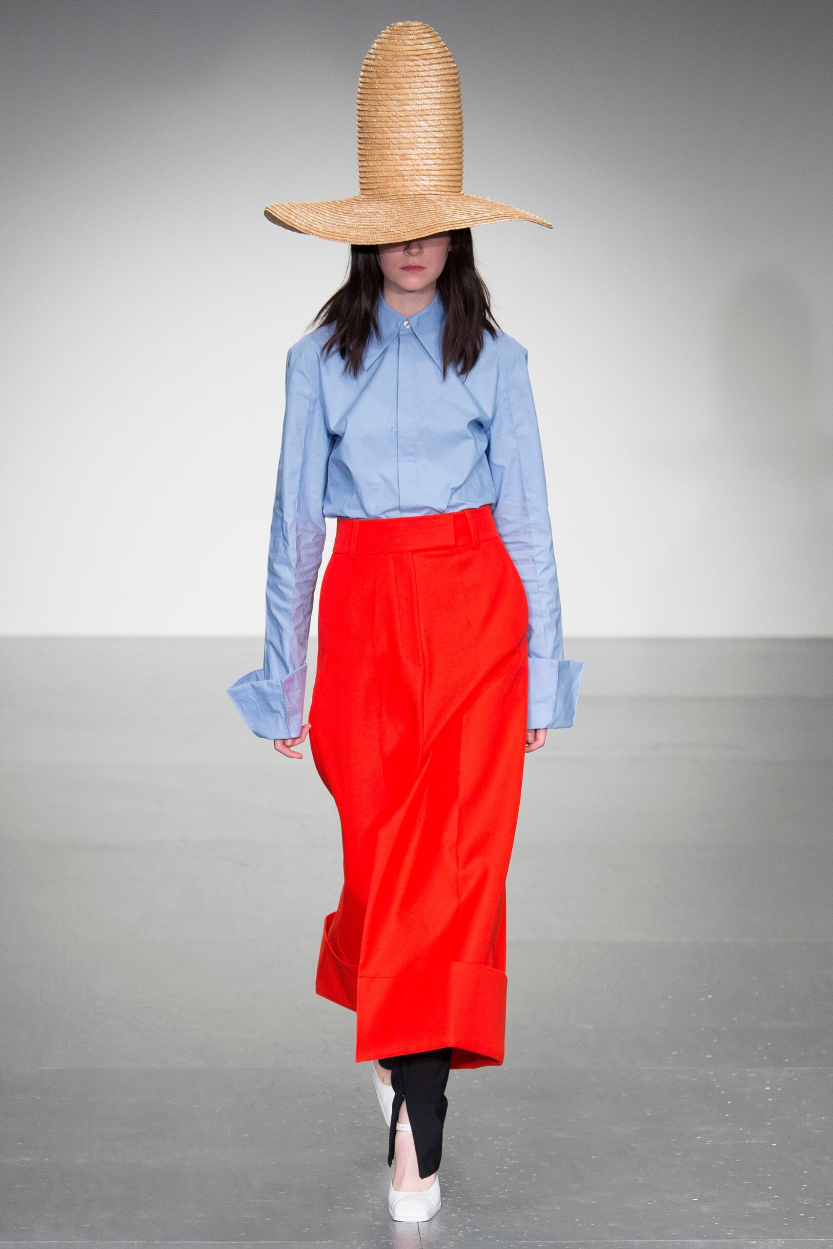 blue shirt red midi skirt