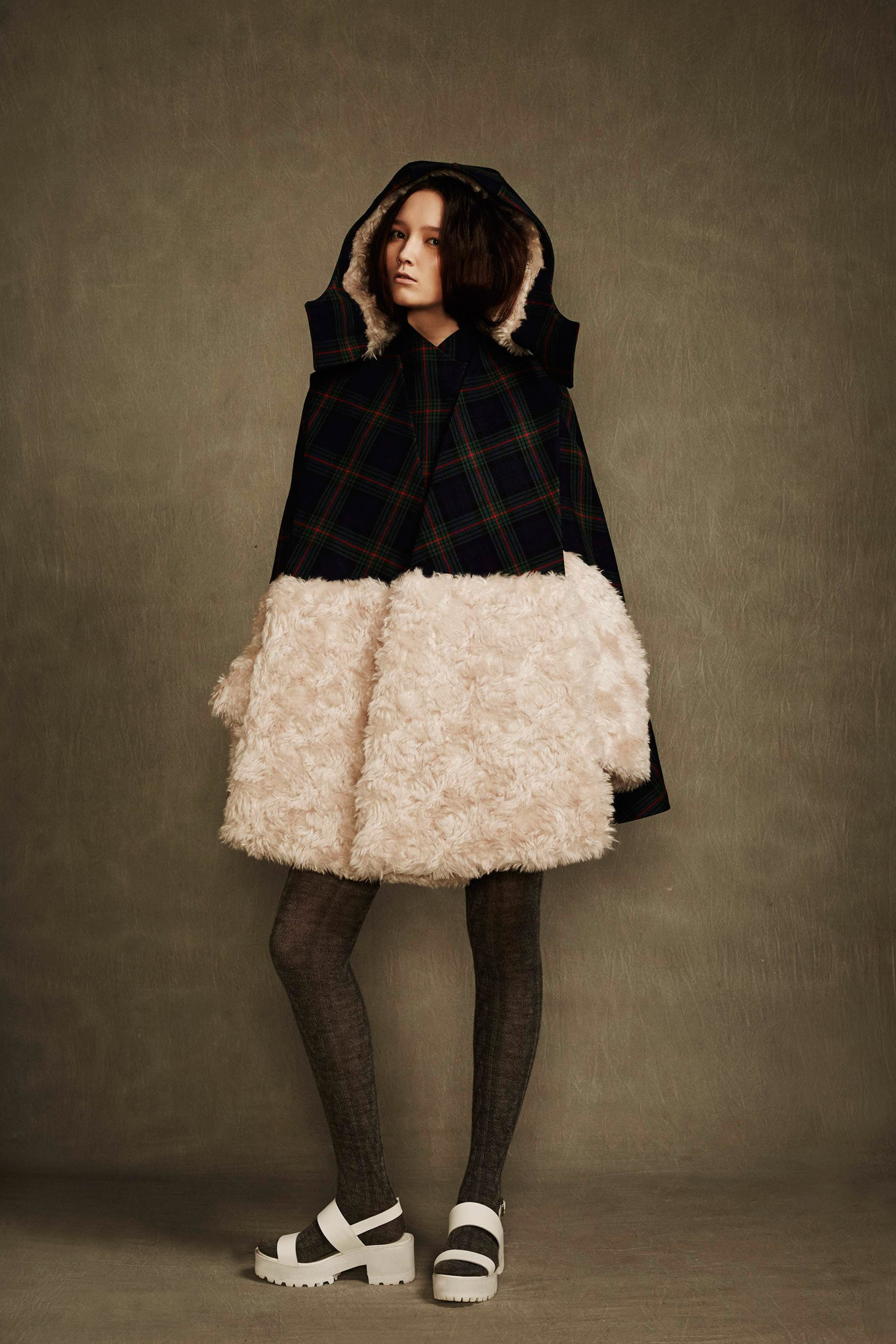 black wool long-sleeve collared relaxed layered zippered cape