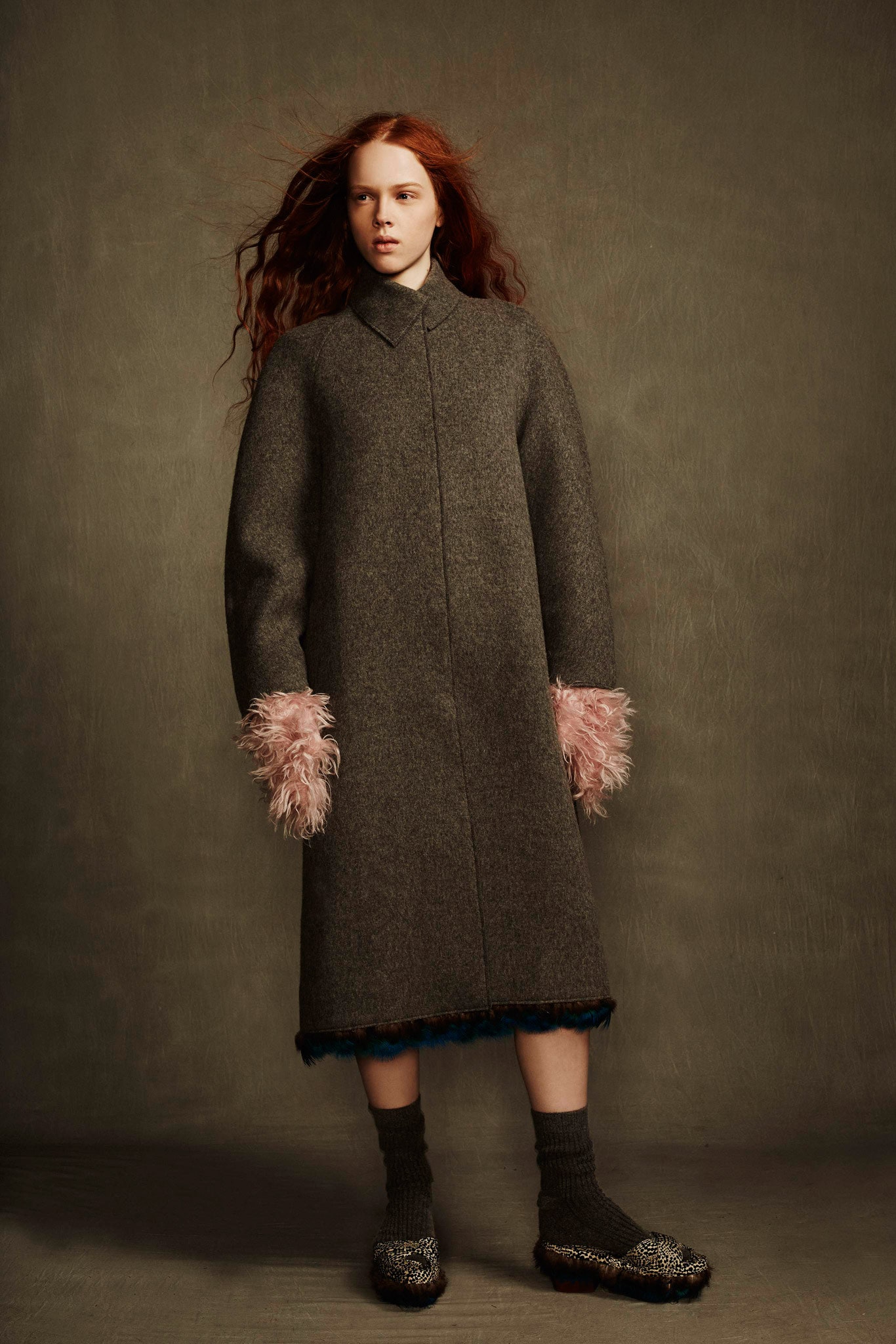 gray wool long-sleeve collared oversized layered midi coat