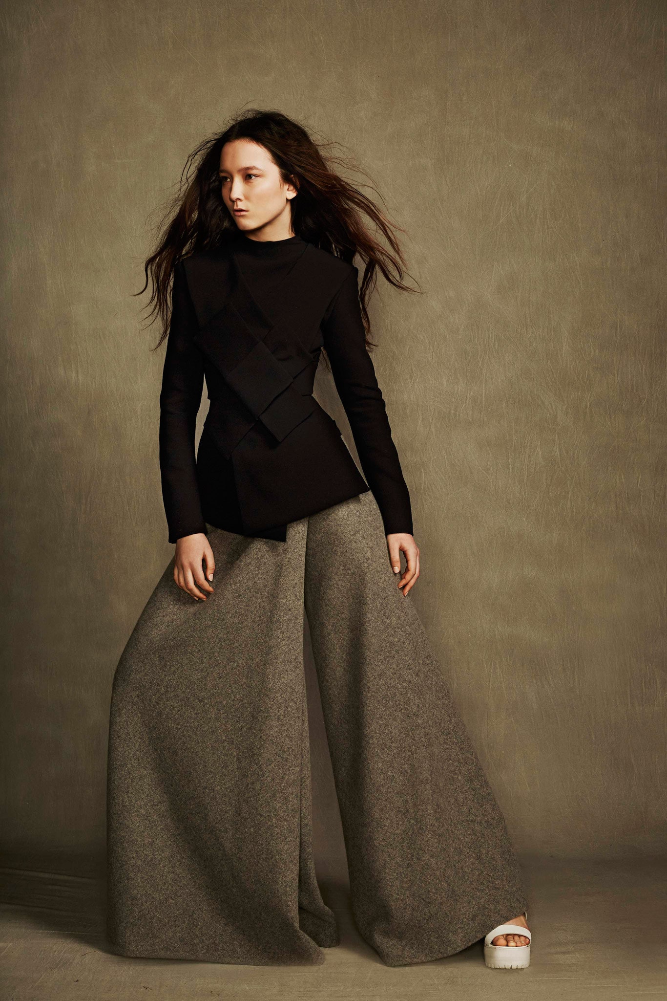 black wool long-sleeve high-neck fitted top