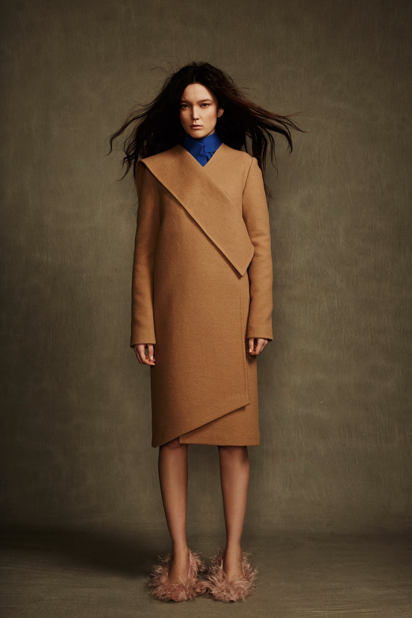 brown wool long-sleeve collared fitted draped midi coat