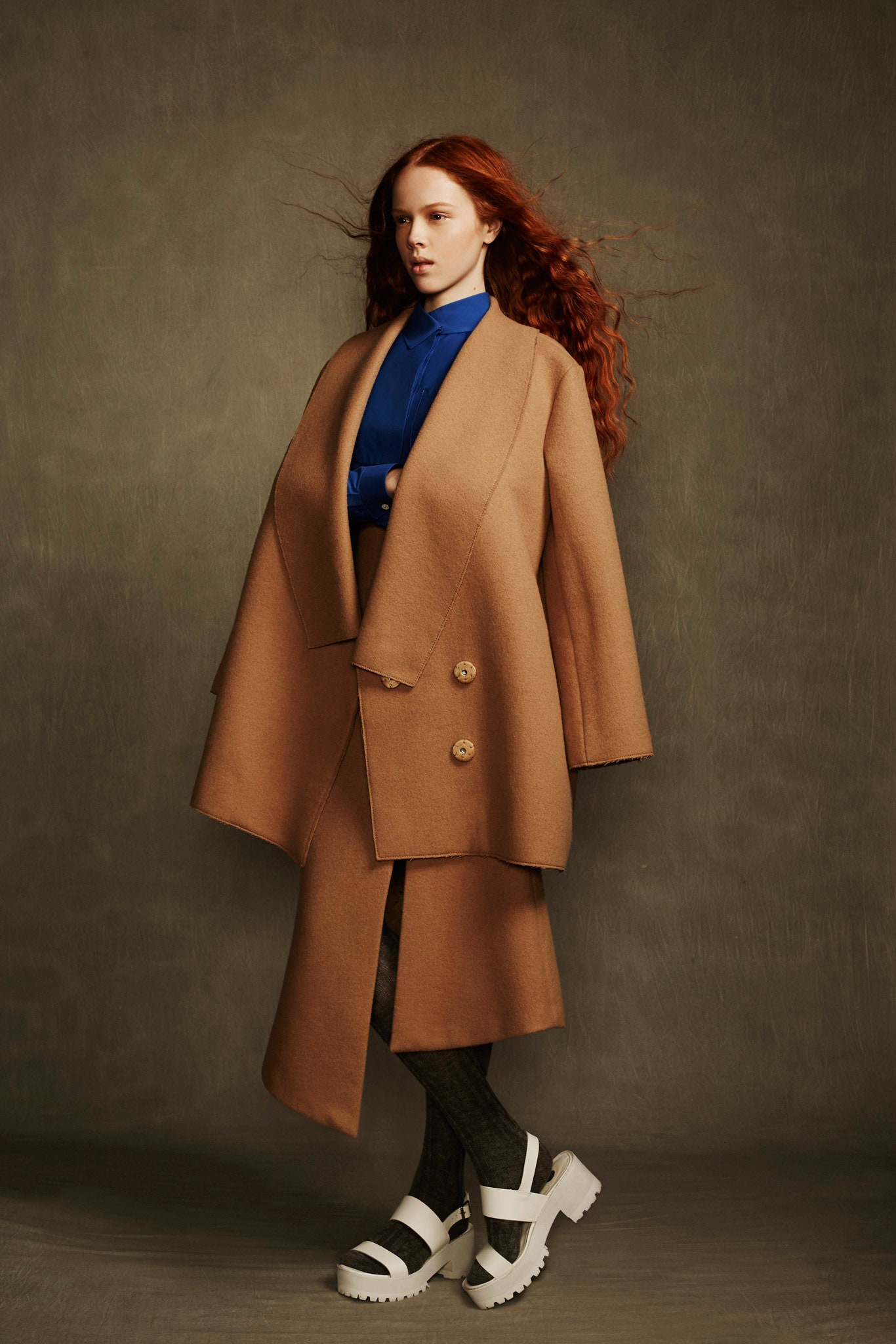 brown wool long-sleeve collared relaxed layered midi coat