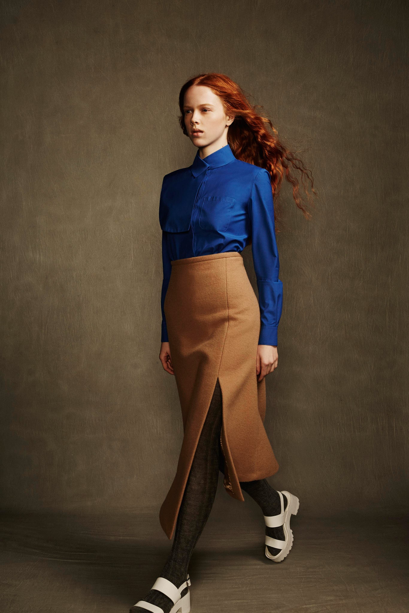 brown wool slit fitted high-waisted pencil skirt