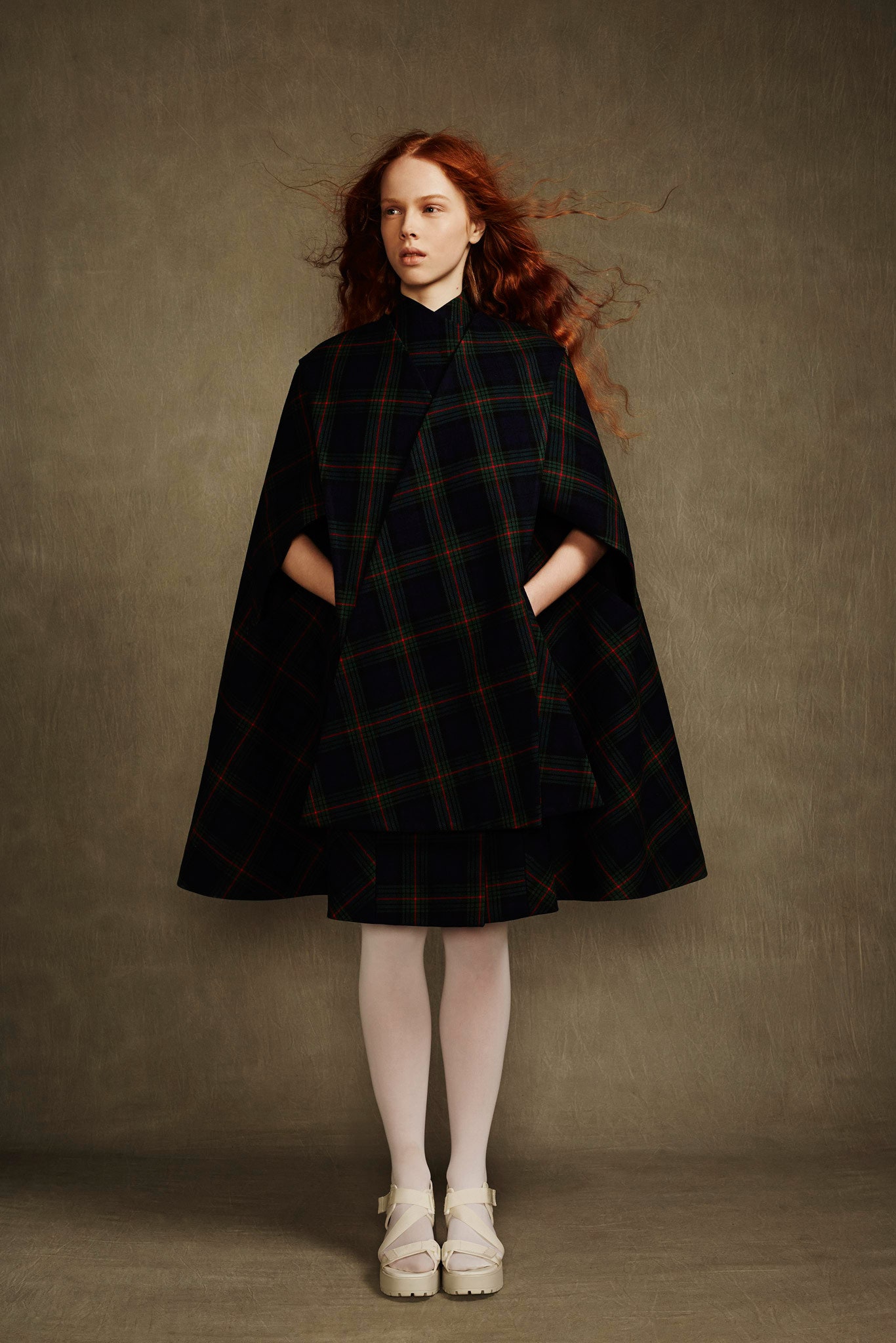 black wool cape with checked pattern