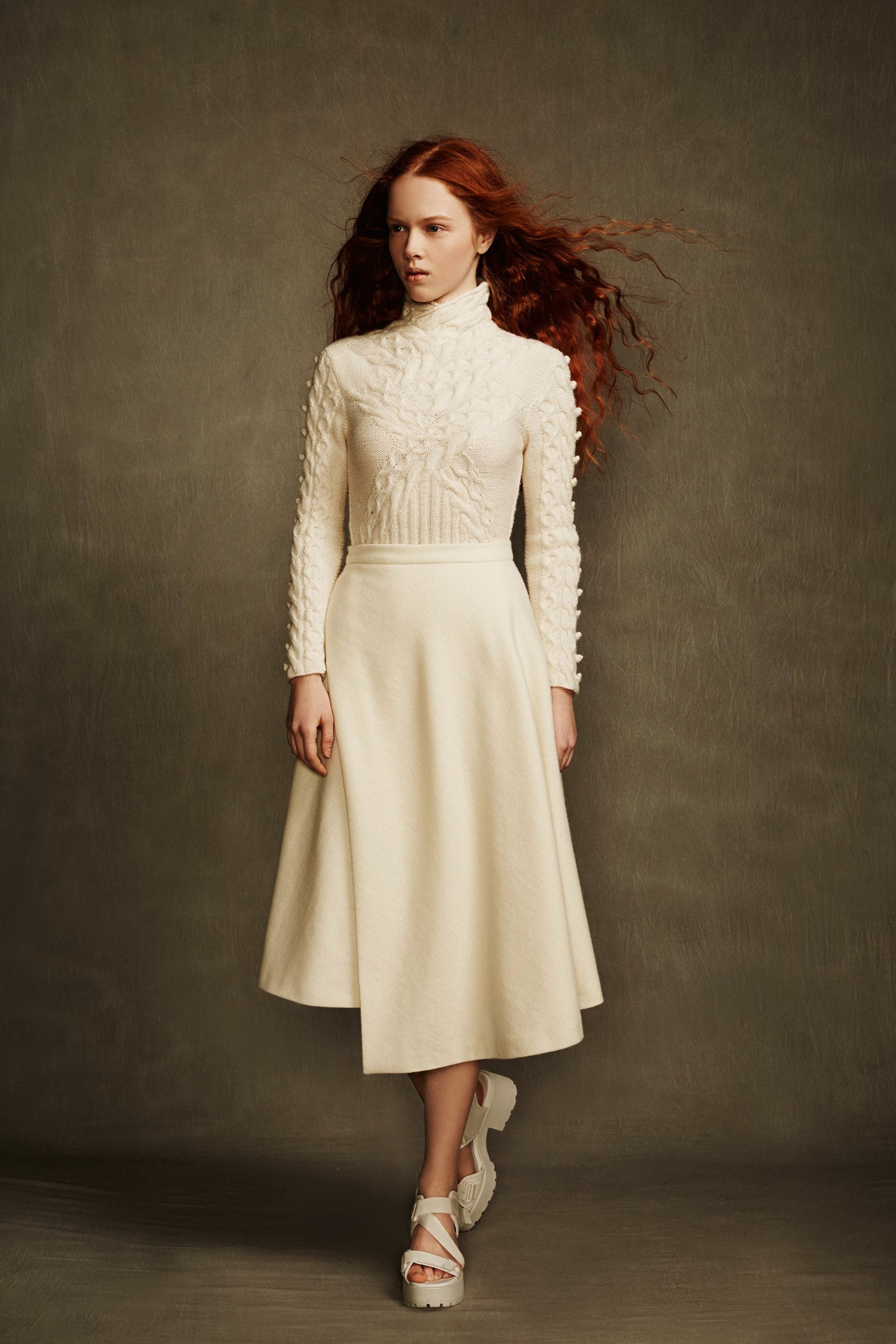 white wool long-sleeve dress