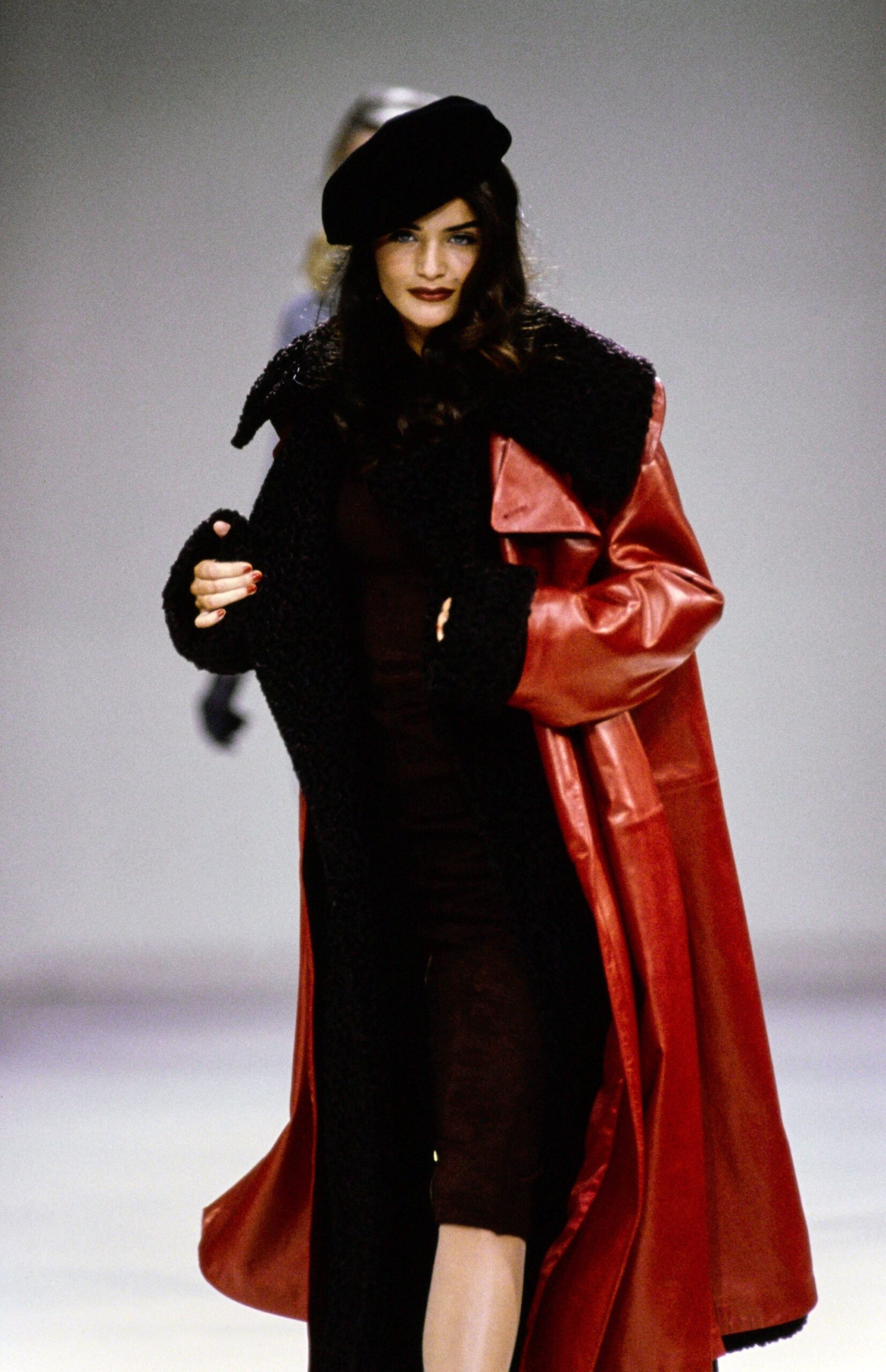 red leather coat with brown dress