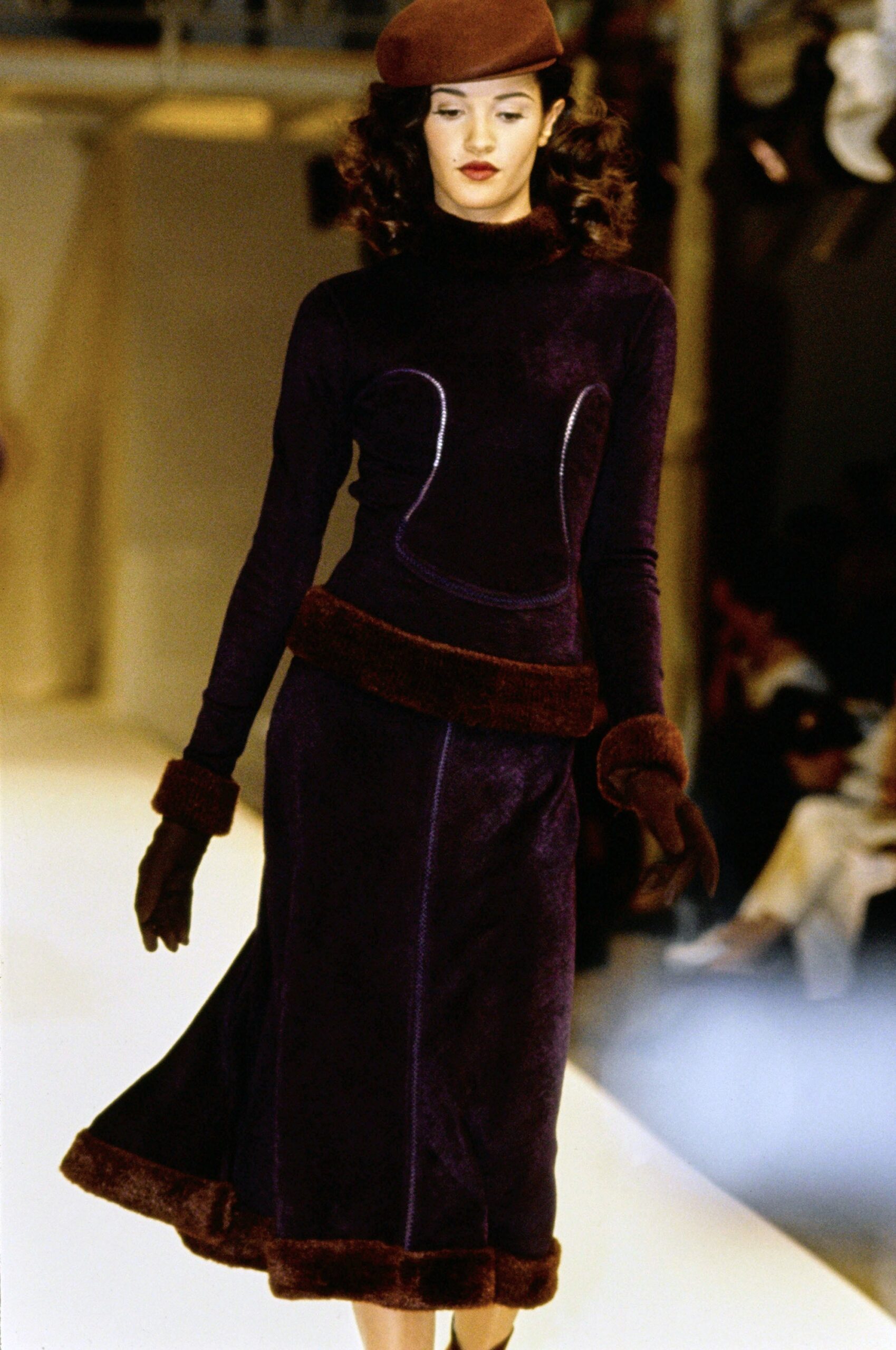 fitted purple velvet midi dress