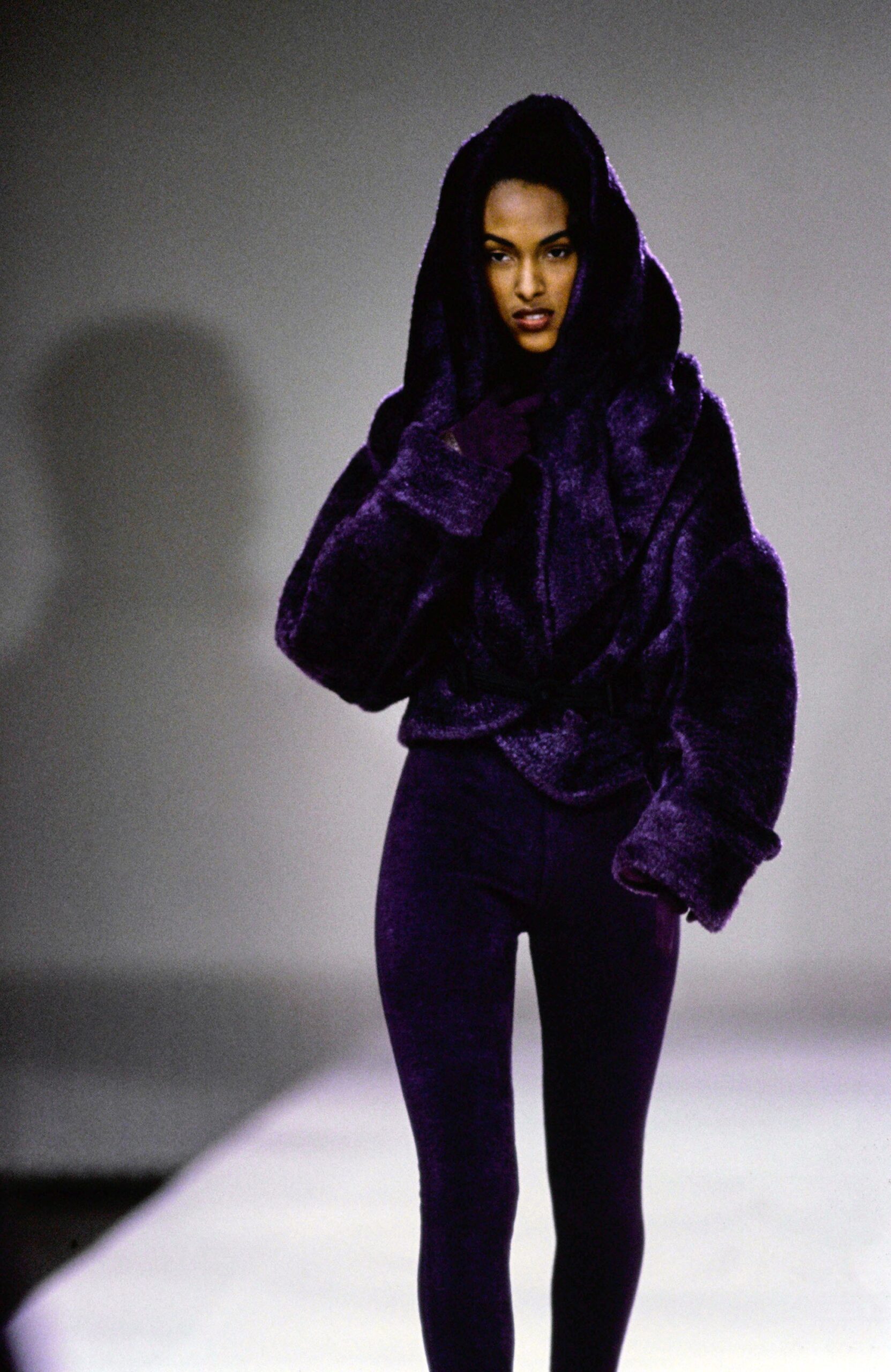 purple fur jacket and pants