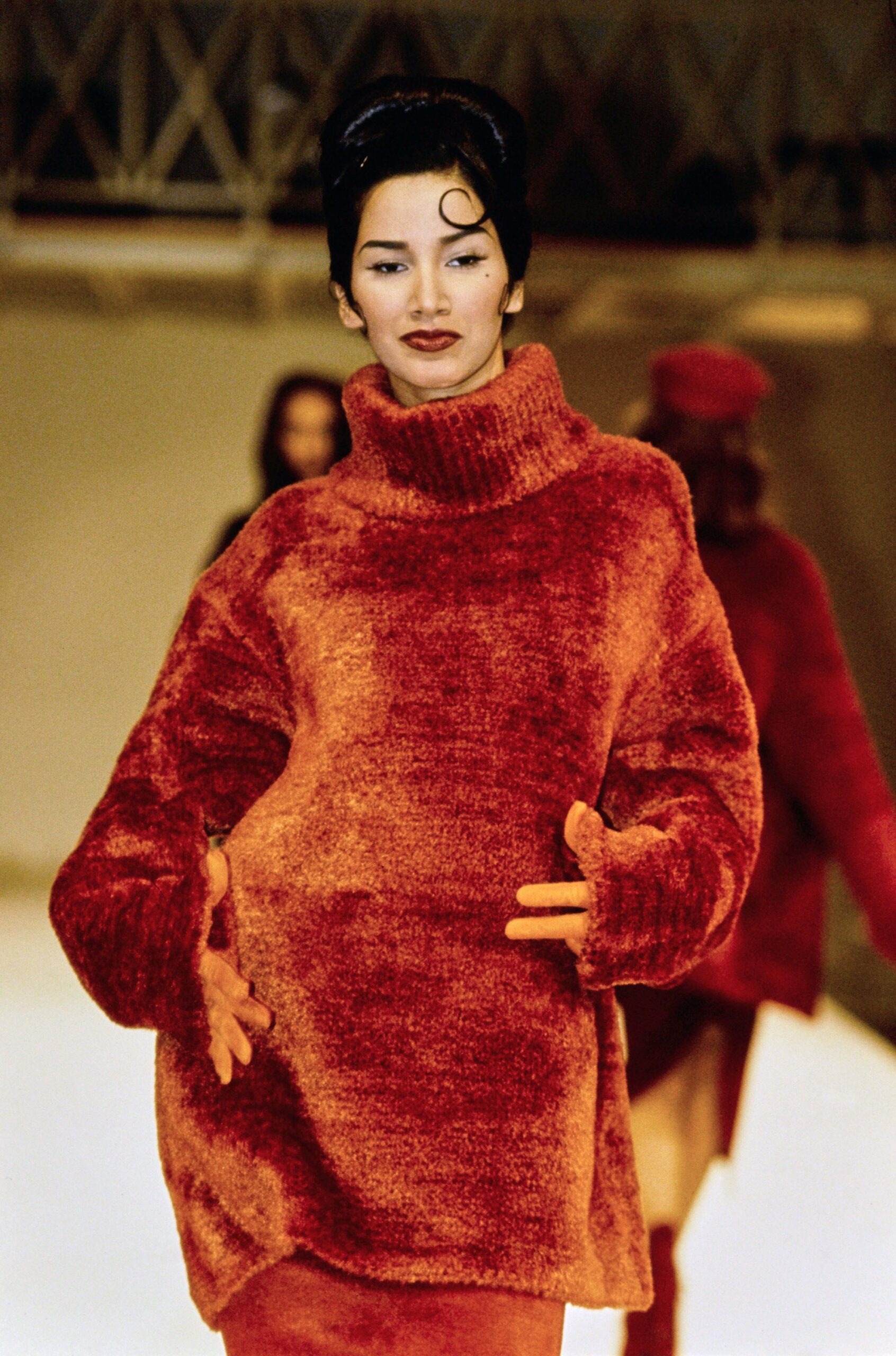 oversized red wool sweater and fitted skirt