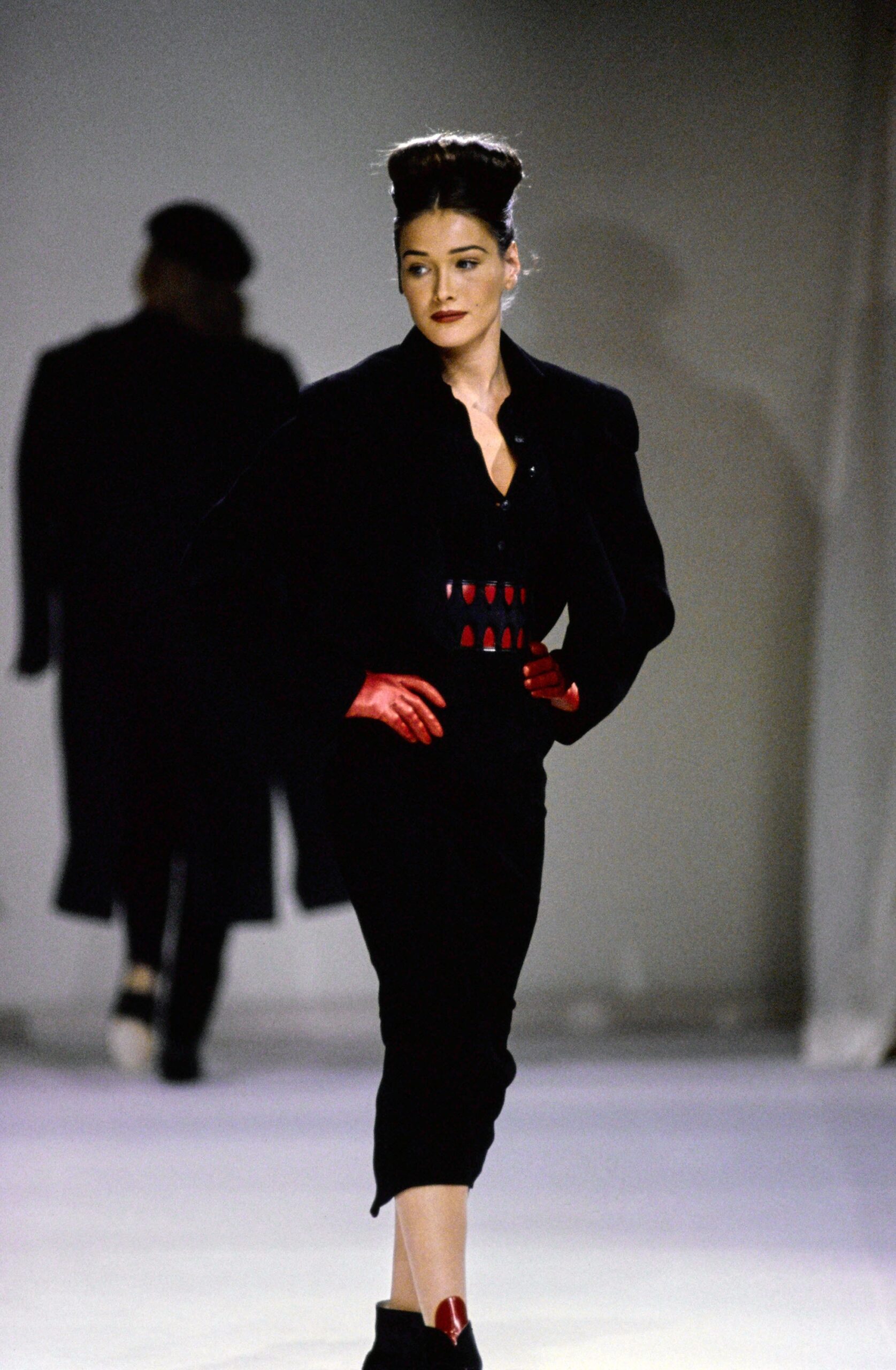 black fitted midi dress with coat