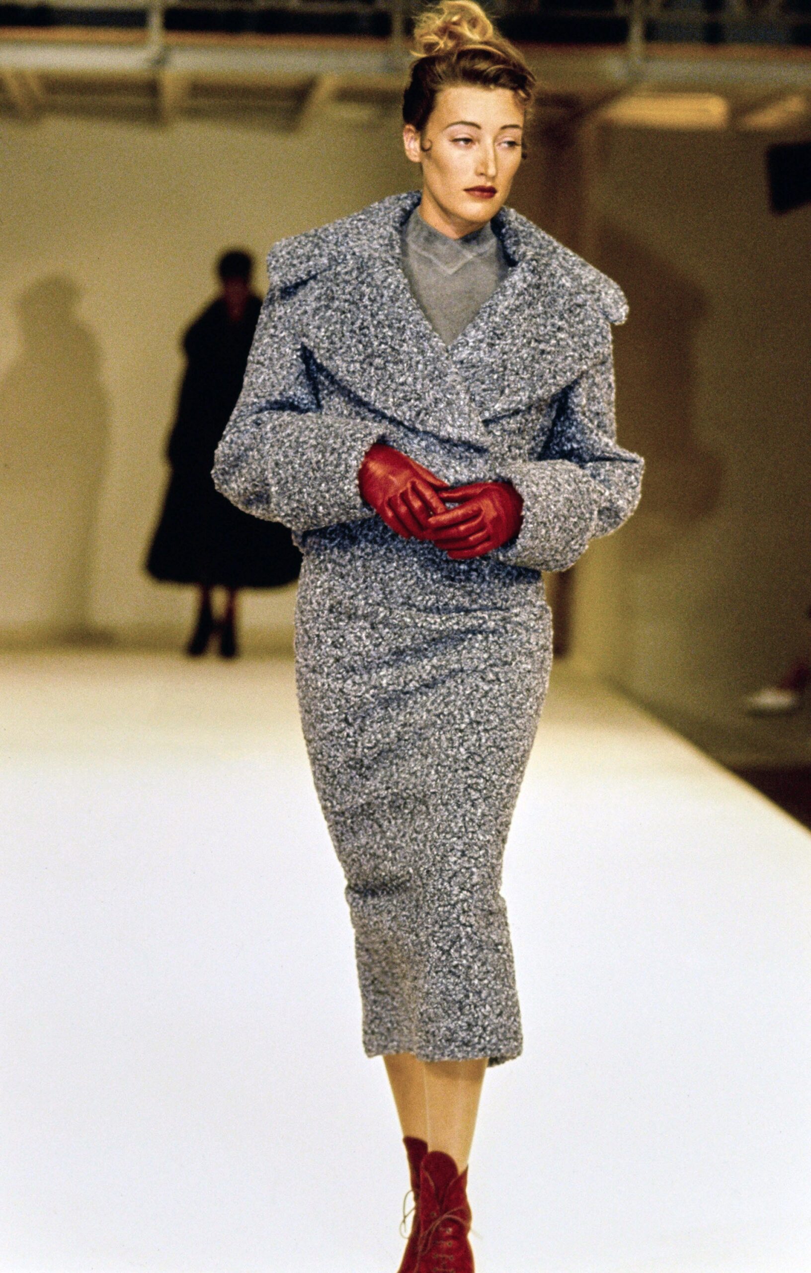 gray wool fitted coat and skirt